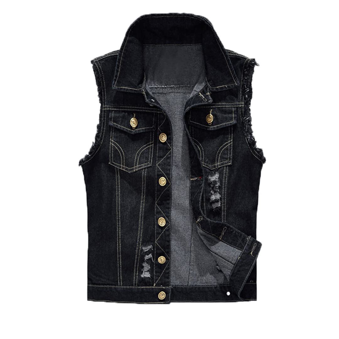 Men's Distressed Denim Vest - Rock & Motorcycle Style Sleeveless Waistcoat with Hole Details | Perfect for Biker Outfits, Cowboy Fashion & Casual Streetwear