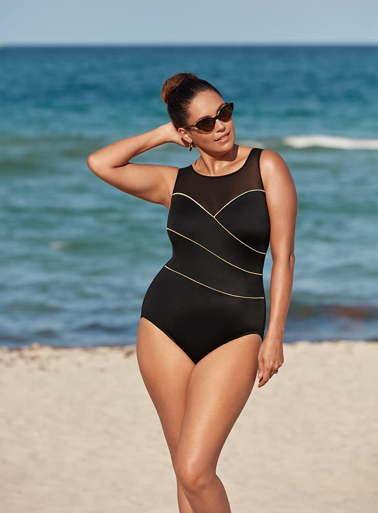 Longitude Women's One Piece Swimsuit - High Neck Mesh Scoop Back Long Torso Bathing Suit with Soft Cups | Perfect for Swimming, Beach Vacations & Poolside Relaxation