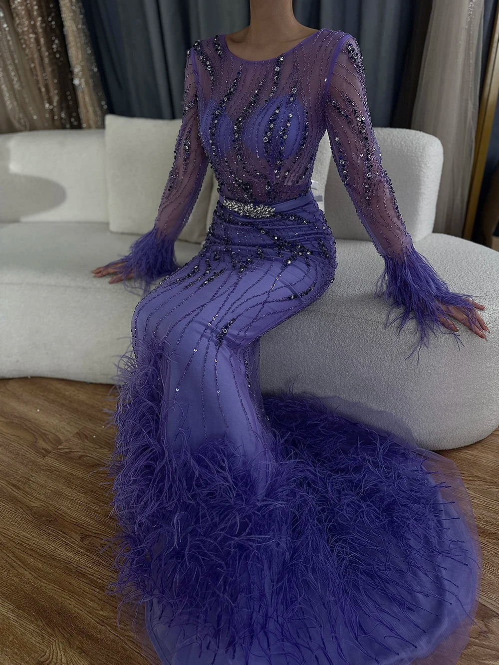 Elegant Mermaid Evening Dress with Beaded Feathers - Arabic Purple Luxury Gown for Women's Wedding, Prom, Gala & Special Occasions | LA72367