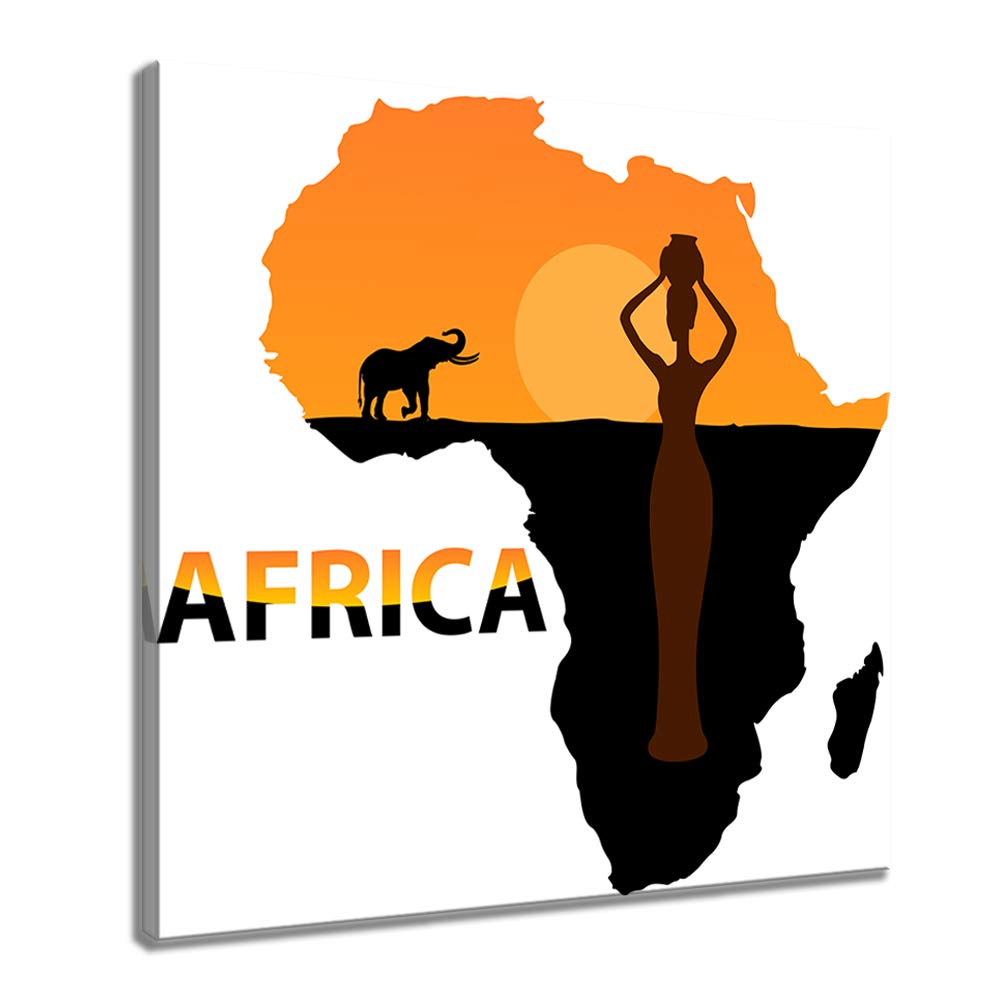 African American Women Elephant Map Print Canvas Wall Art - Colorful Framed Painting for Bedroom, Living Room, Bathroom Decor - Ready to Hang 24x24 Inch Home Decoration - Perfect for Boho Chic Interiors & Cultural Themed Spaces