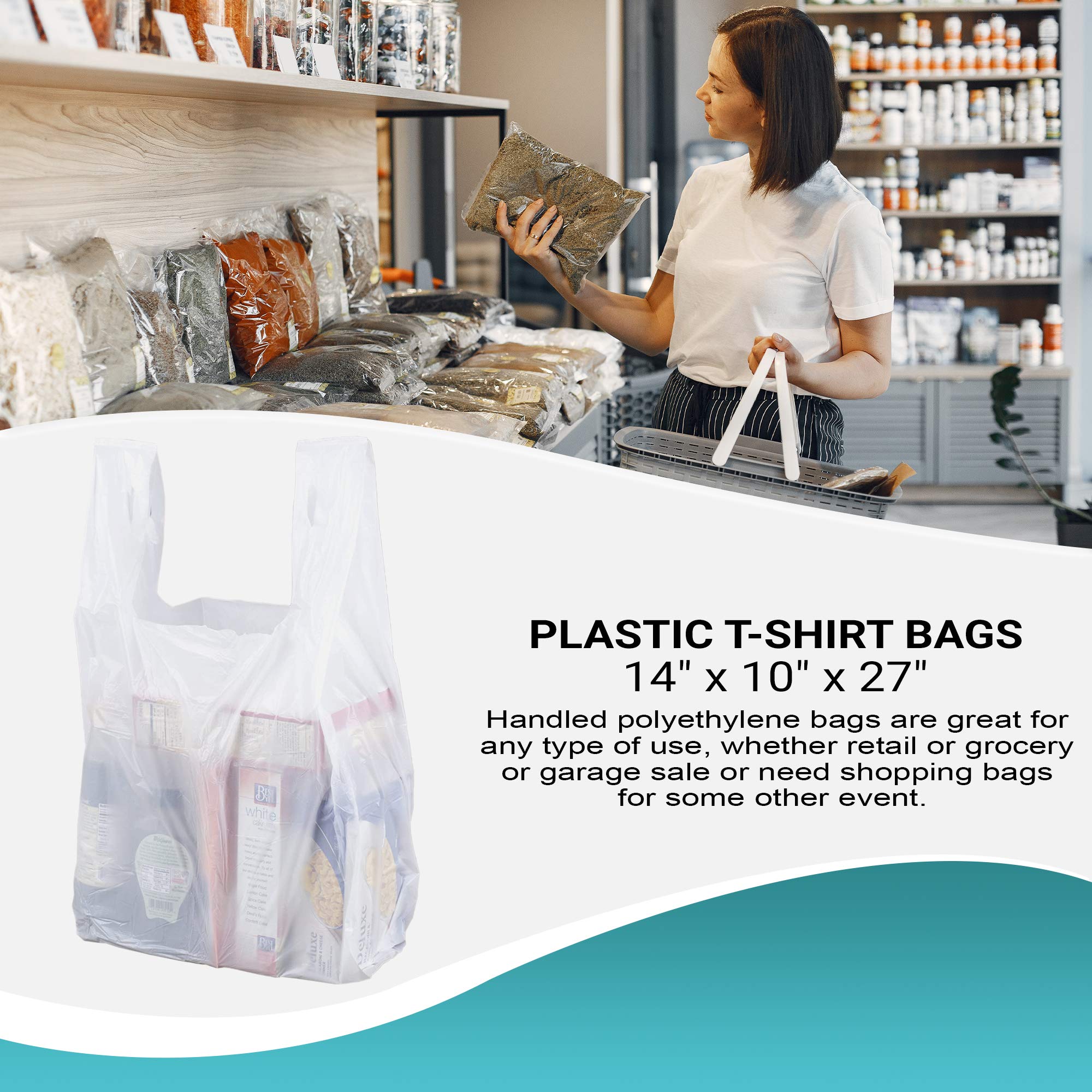 500 Pack White T-Shirt Plastic Bags 14x10x27 Inches - 0.75 Mil Ultra Thin Polyethylene Carry Out Bags with Handles for Retail Stores, Restaurants & Grocery Shopping | Perfect for Takeout, Retail Packaging & Bulk Storage