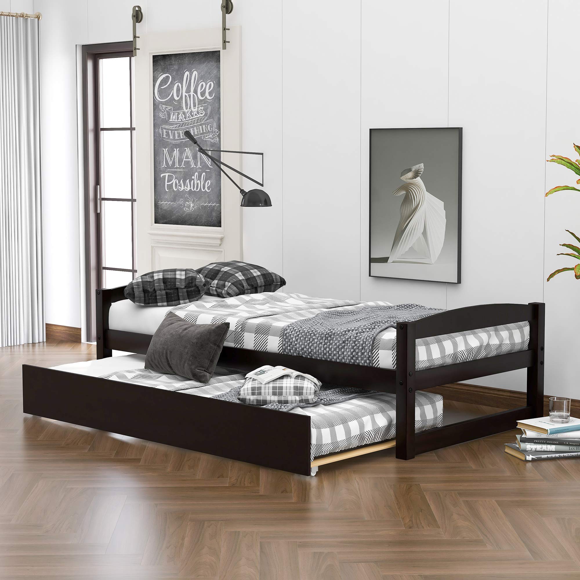 Solid Pine Wood Twin Bed Frame with Trundle - No Box Spring Needed, Sturdy Platform Bed for Kids, Teens, Boys & Girls - Perfect for Guest Rooms, Dormitories & Small Spaces (Espresso Finish)