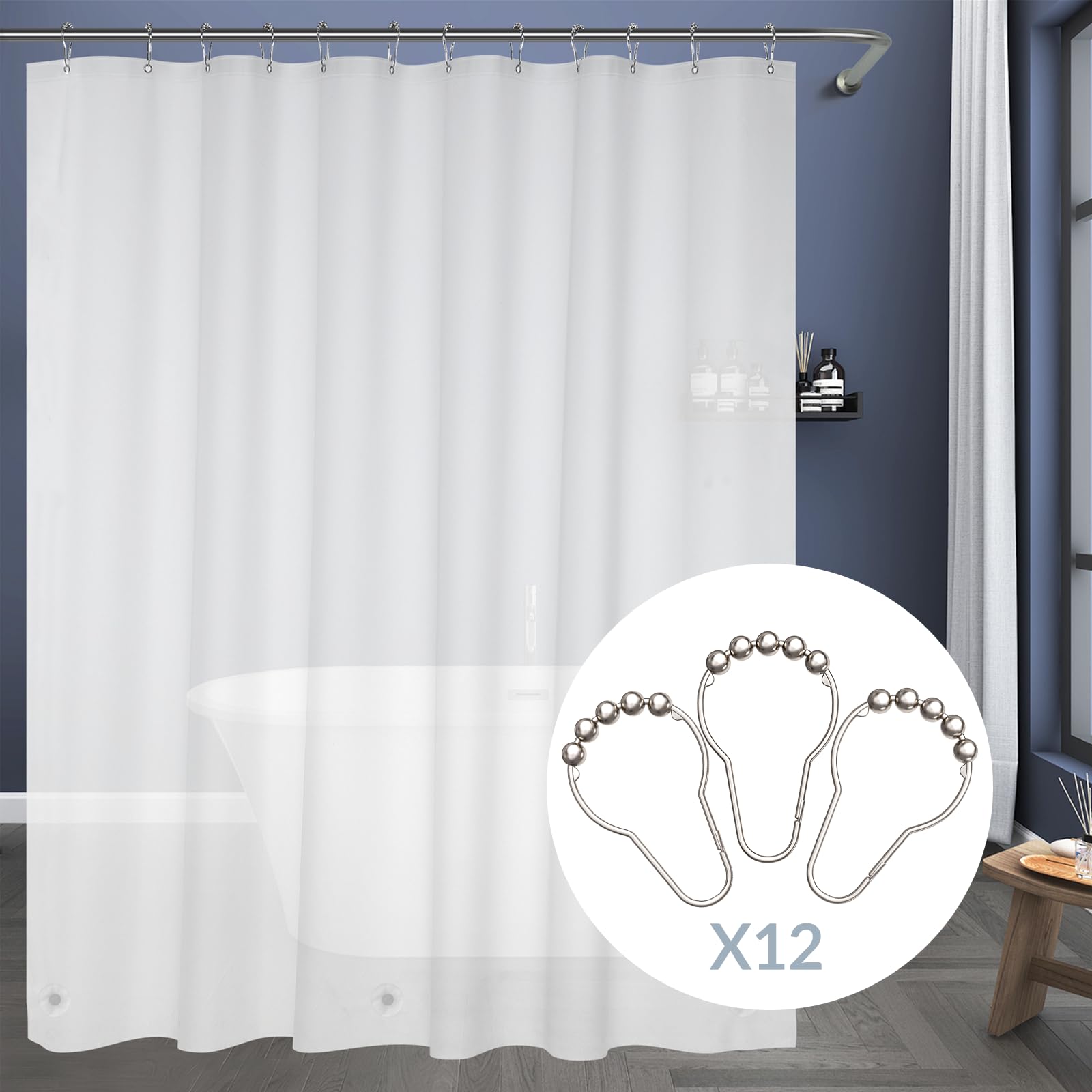 Titanker 72x72 Inch PEVA Shower Curtain Liner with Frosted Hooks - Lightweight Waterproof Bathroom Shower Curtain for Bath Tub, Hotel & Home Decor