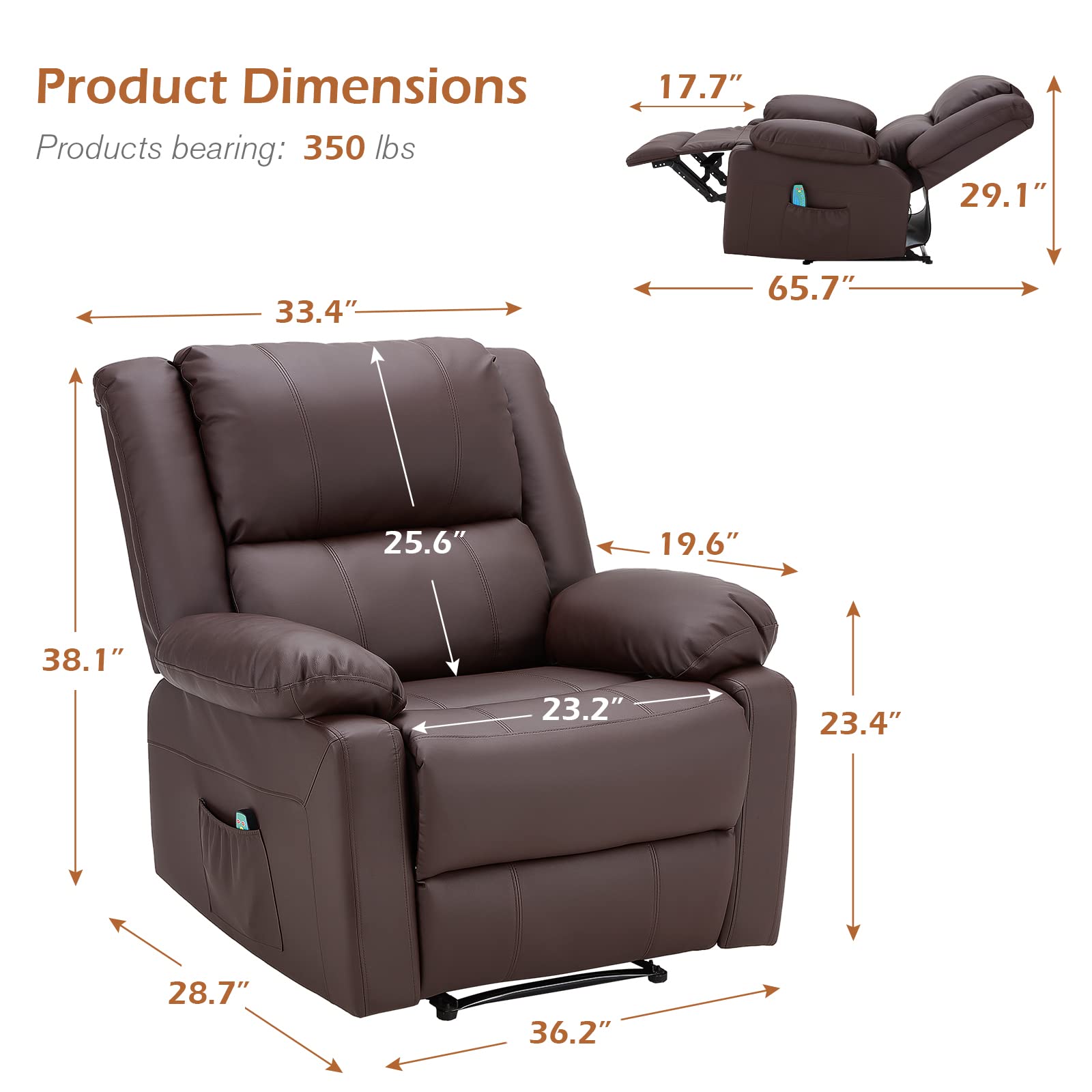 Premium Massage Recliner Chair with Heat Function - 360° Swivel & Rocking Motion, Faux Leather Living Room Sofa for Adults, Home Theater Seating with Convenient Side Pockets (Brown) - Perfect for Relaxation, Movie Nights & Living Room Comfort