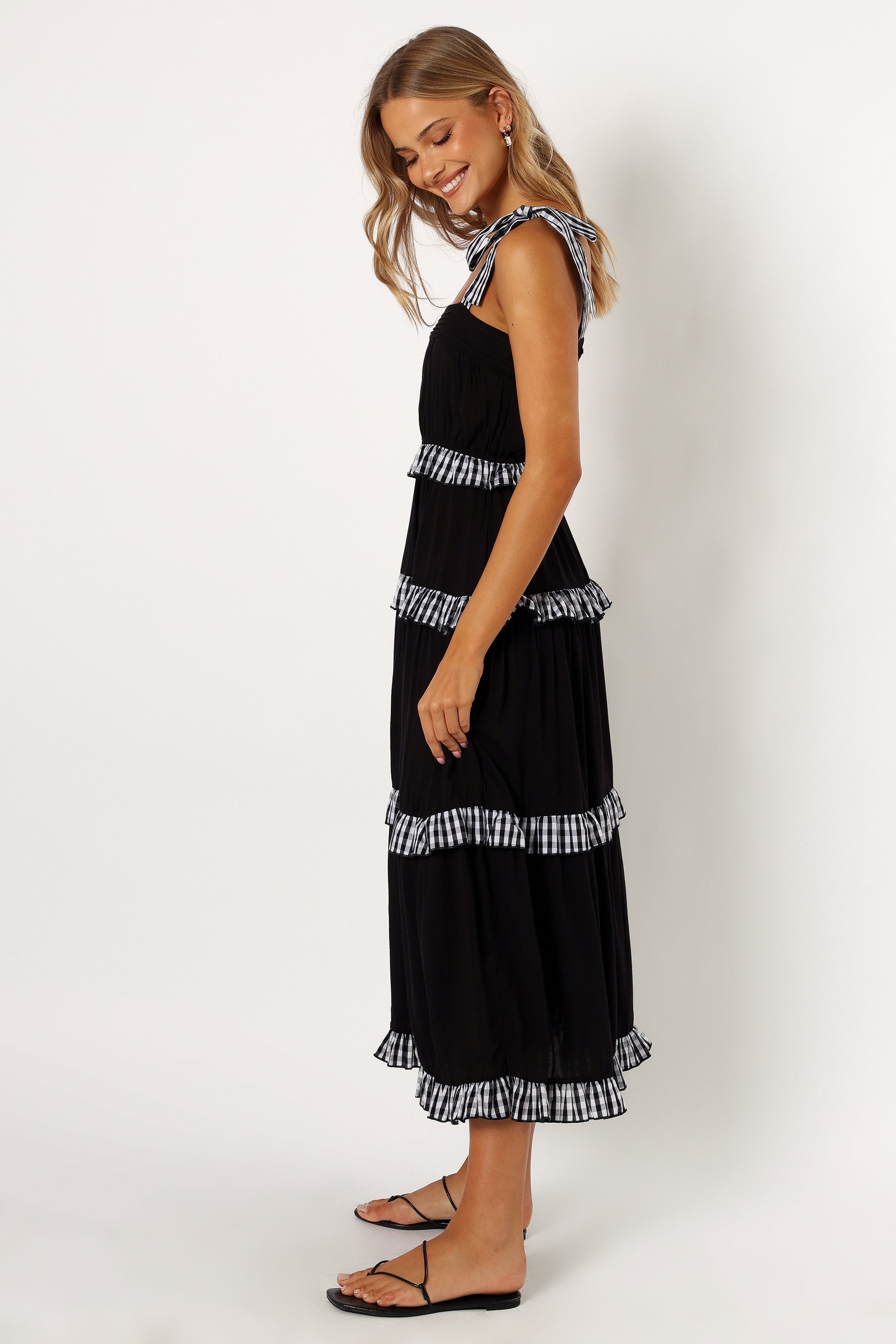 Charming Black Gingham Tiered Midi Dress for Women - Flowy Summer Dress for Casual Outings, Beach Vacations & Date Nights