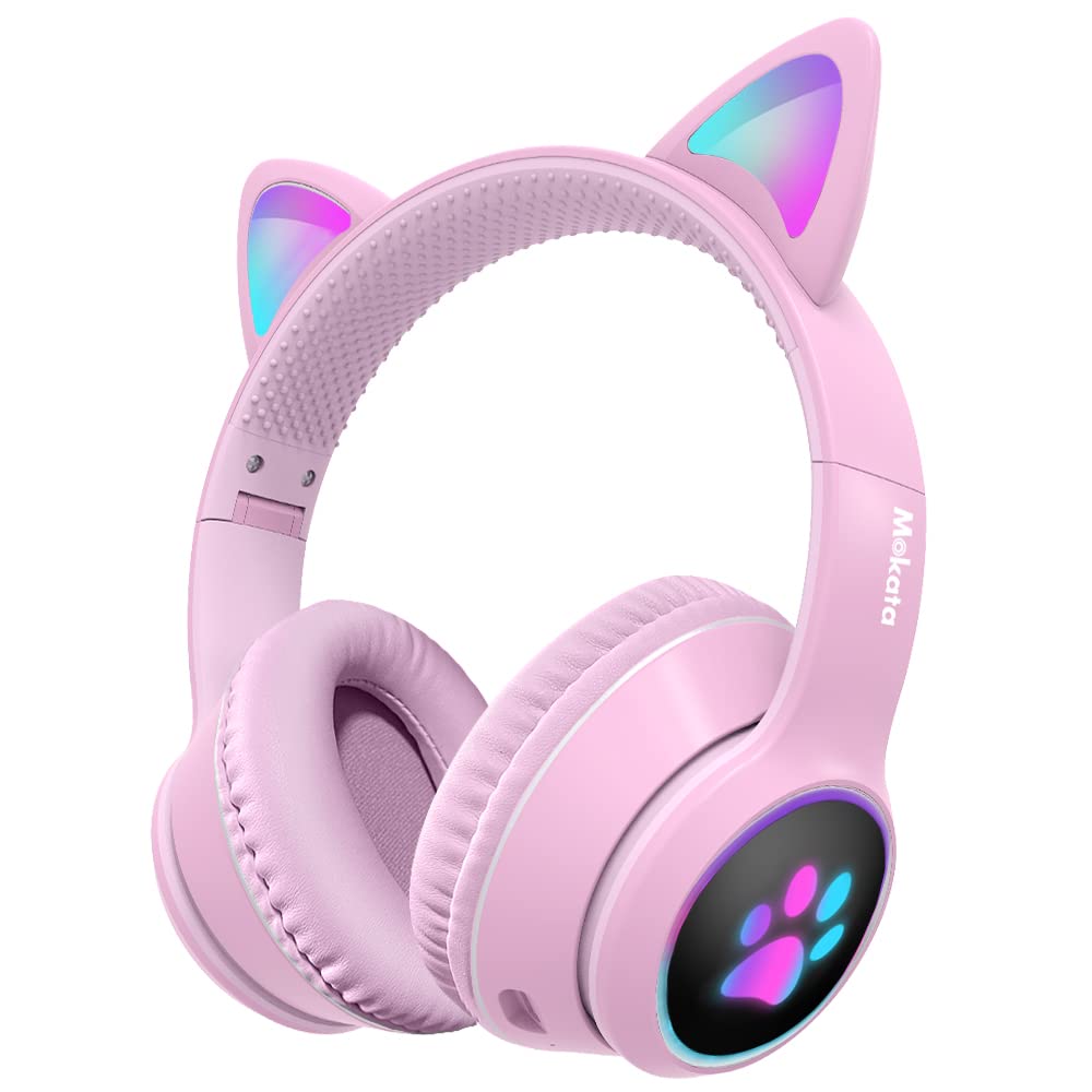 Mokata Gaming Bluetooth 5.0 Wireless Headphones - Over Ear Cat LED Light Foldable Headset with Built-in Microphone & 3.5mm AUX - for PC, TV, Gaming, Music, Laptop, Smartphone (Pink) - Perfect for Kids & Adults Gaming Sessions, Online Classes & Home Entertainment