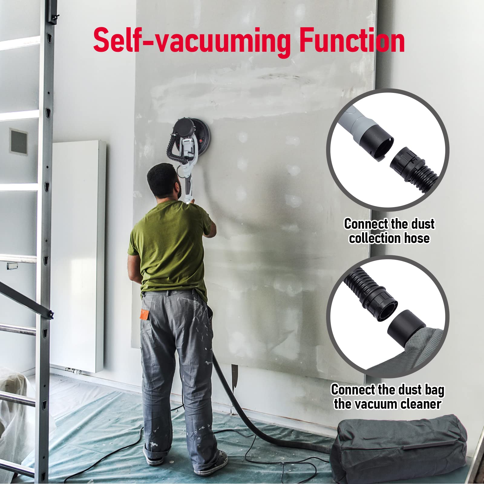 800W Electric Drywall Sander with Vacuum Dust Collection - 6.5A Popcorn Ceiling Remover Tool, Variable Speed 800-1800RPM, LED Light & Foldable Handle - Includes 12 Sanding Discs & Carrying Bag - Perfect for Drywall Repair, Ceiling Texture Removal & Home Renovation Projects