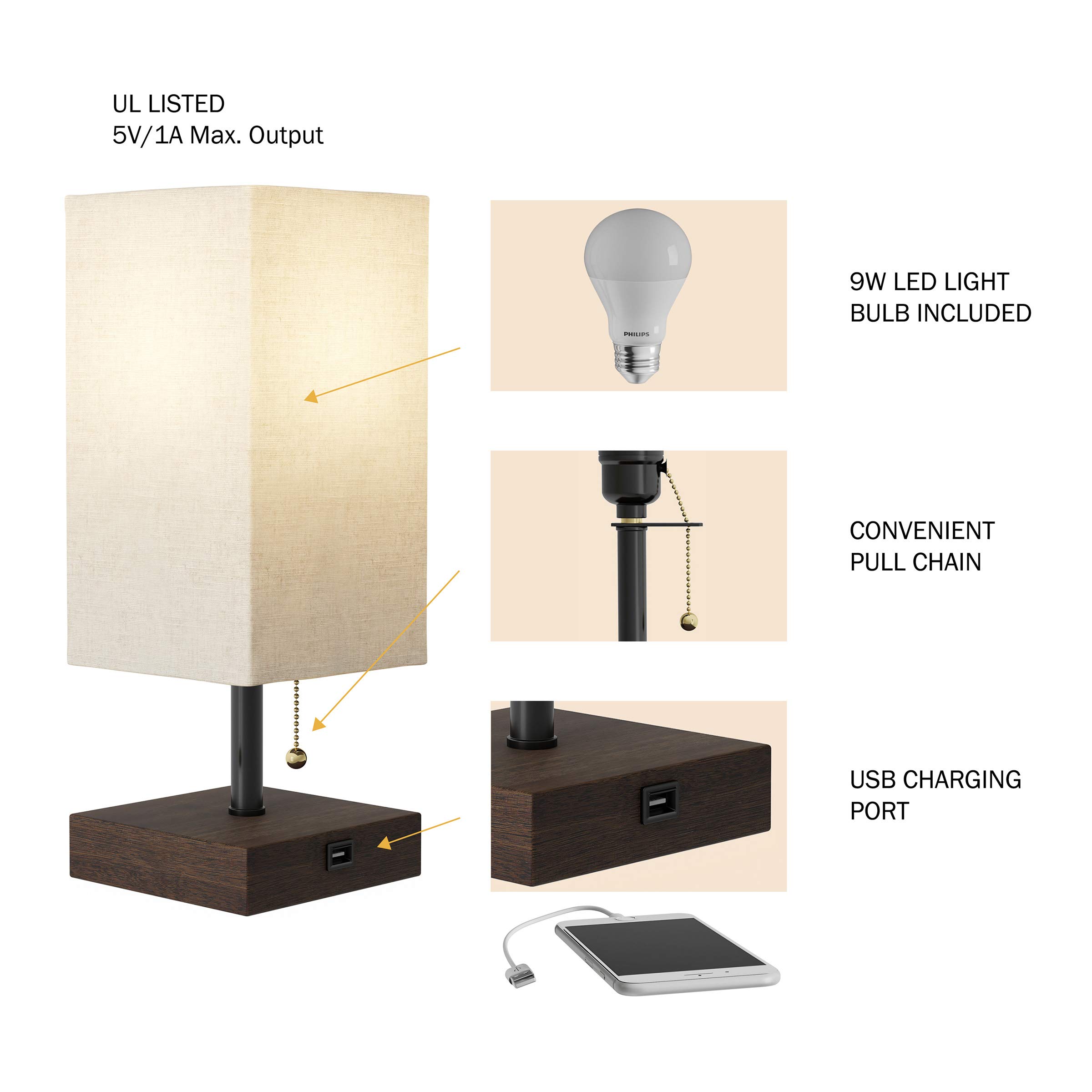 Modern USB Rectangle Desk Lamp with Wood Base - Energy Efficient LED Light for Home Office, Bedroom & Living Room - Stylish Task Lighting for Reading, Working & Relaxing