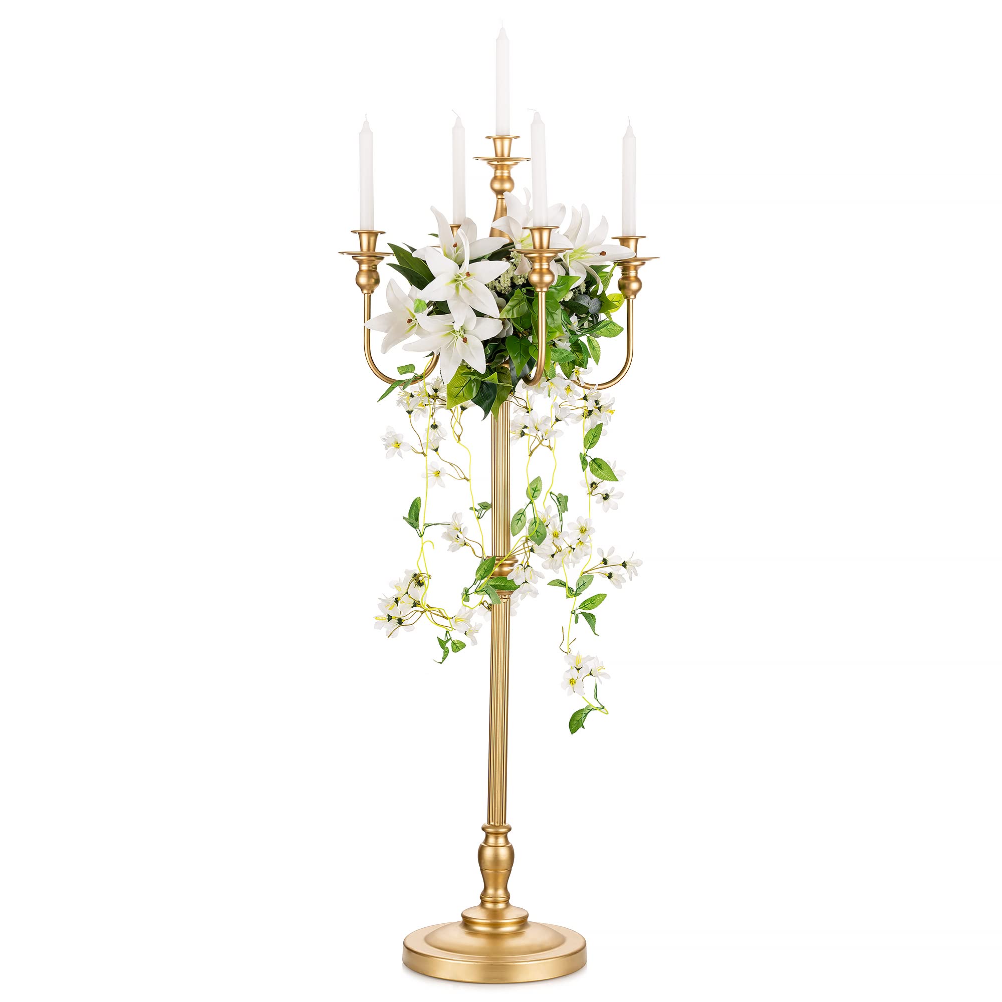 Romadedi 50'' Gold Candelabra Floor Stand for Wedding Decor - Elegant Candle Holder Floral Centerpiece for Events, Parties, Ceremonies, Aisle & Reception Decorations (Holds 5 Candlesticks) - Perfect for Romantic Weddings, Church Events & Luxury Home Decor