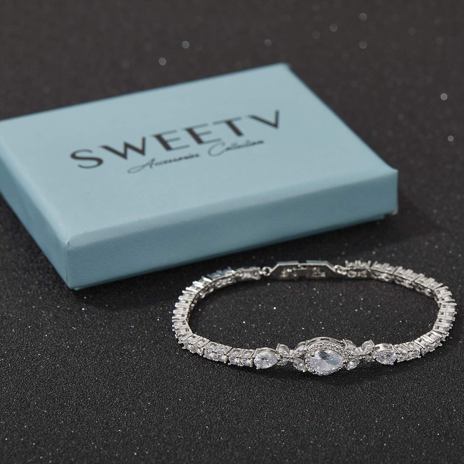 SWEETV Cubic Zirconia Teardrop Tennis Bracelet for Women - Elegant Crystal Rhinestone Wedding Jewelry for Bride & Bridesmaid - Perfect for Bridal Shower, Anniversary & Formal Events