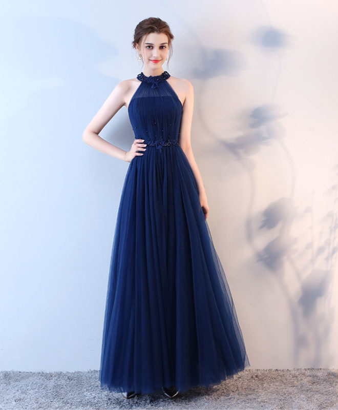 Elegant Blue Halter Tulle Long Prom Dress for Women - Formal Evening Gown for Homecoming, Wedding, Ballroom Dance & Special Occasions