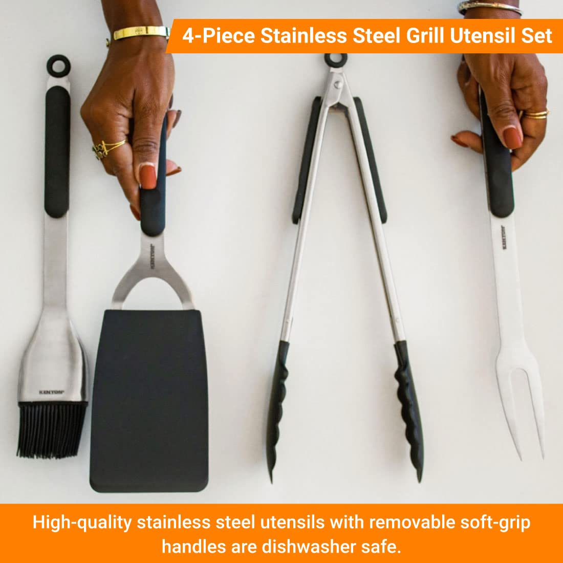 Premium Stainless Steel 4-Piece Grill Utensil Set - Grill Fork, Tongs, Spatula & Basting Brush with Removable Soft-Grip Handles & Smart Canvas Bag - Easy to Clean BBQ Tools for Outdoor Cooking, Backyard Grilling & Camping Trips