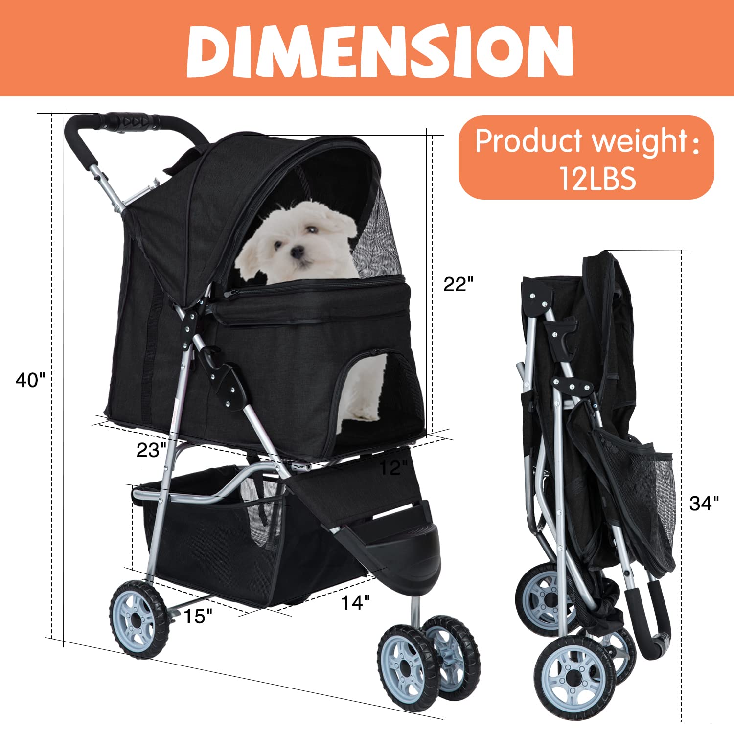 Lightweight Waterproof Folding Dog Stroller for Small & Medium Dogs & Cats - Travel Pet Stroller with Storage Basket | Perfect for Outdoor Walks, Shopping & Vet Visits