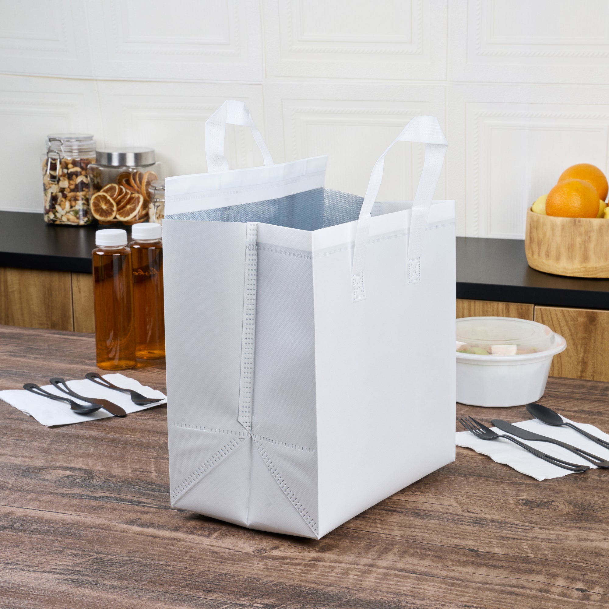 White Insulated Take Out Bags - Tamper Evident Food Delivery Bags (10.25