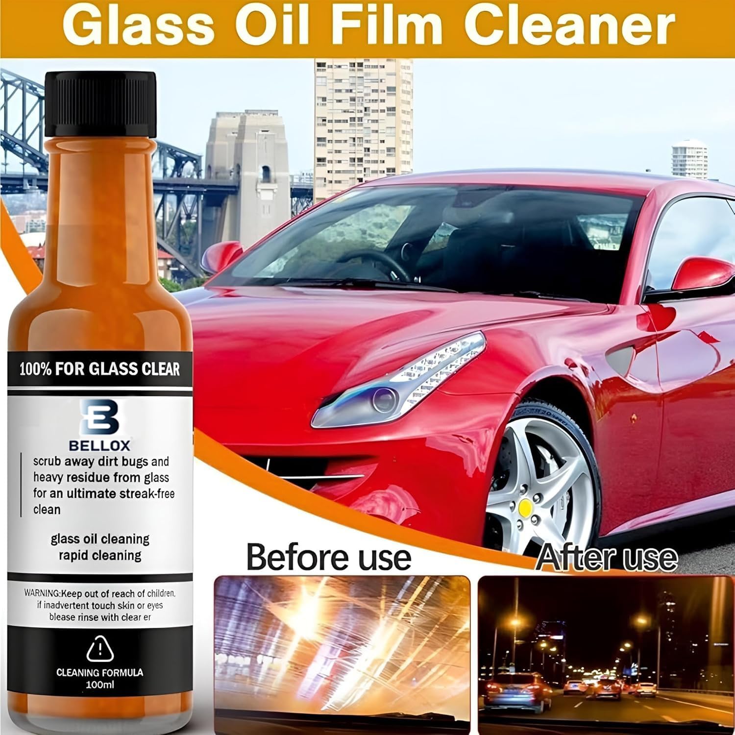 BELLOX Car Windshield Glass Cleaner with Sponge | Oil Film & Water Spot Remover for Auto & Home Windows | Streak-Free Cleaning Solution, 100ml (Pack of 2) | Perfect for Cars, Trucks, Mirrors & Glass Tables