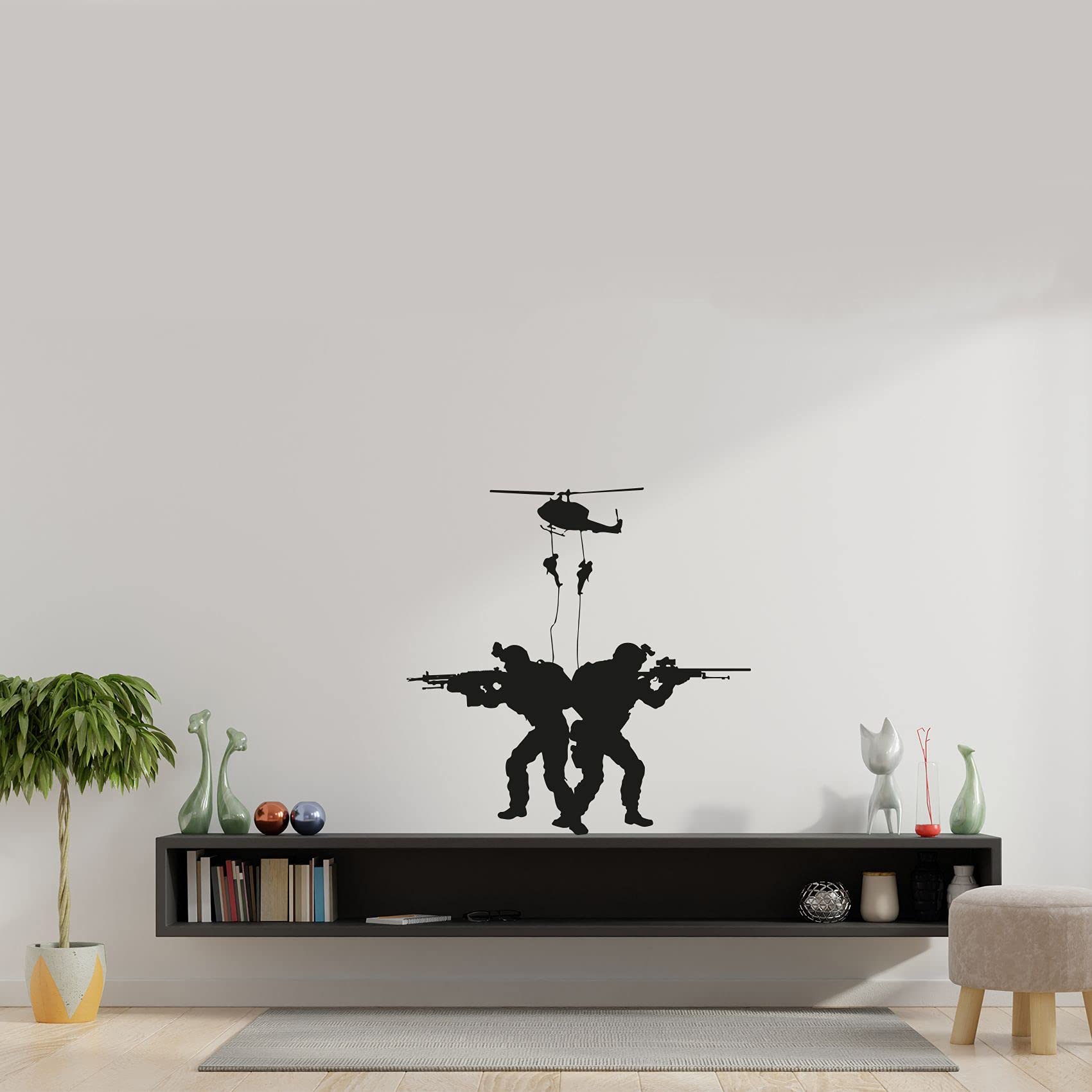 Military SWAT Team Parachute Helicopter Army Soldier Wall Decal - 30x22 Inch Vinyl Sticker Art for Boys & Girls Bedroom, Playroom, Kids Room Decor | Perfect for Themed Parties, Nursery Walls & Home Interior Design