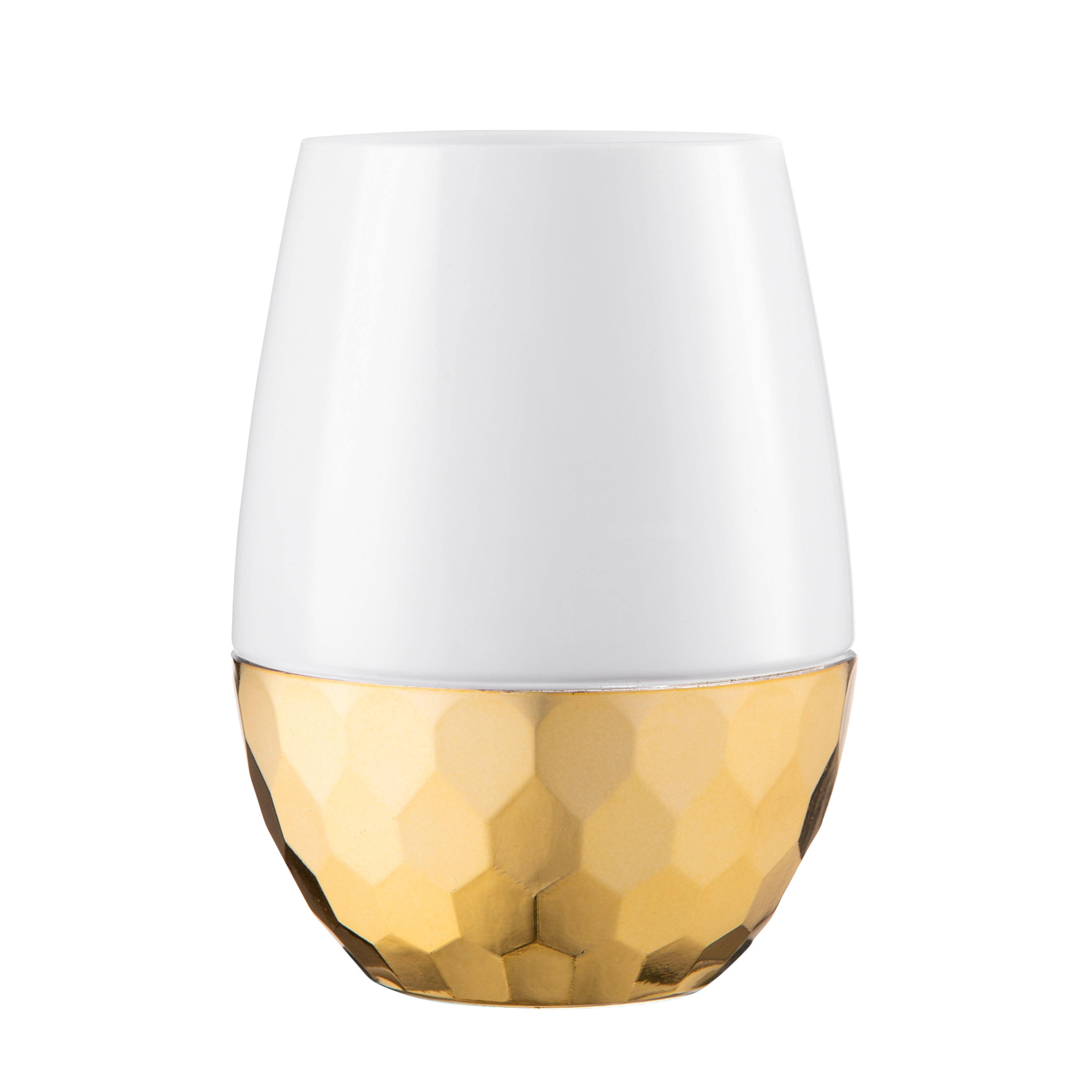 16 Oz White Stemless Wine Glasses with Hammered Gold Design - Set of 6 Shatterproof Tumblers for Wedding, Party, and Home Entertaining