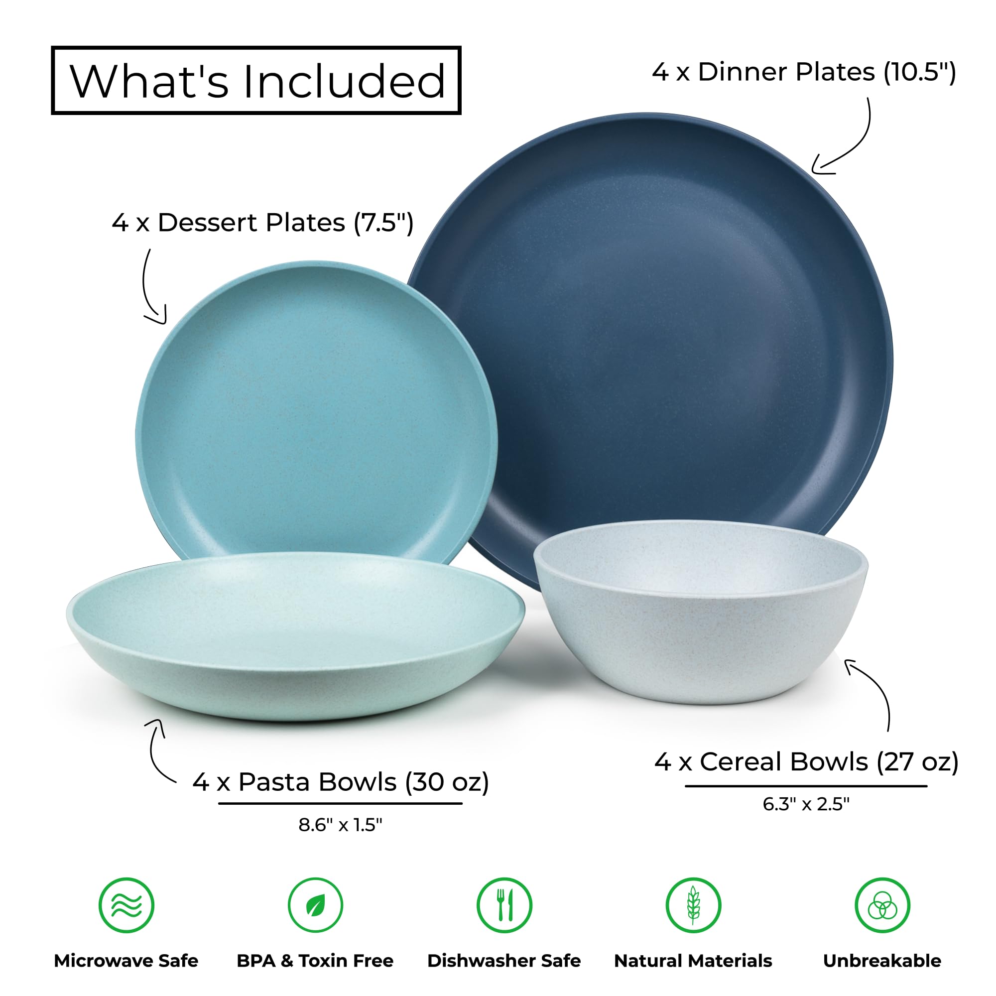Premium 16-Piece Wheat Straw Dinnerware Set for 4 - Eco-Friendly Plates & Bowls (Dinner, Dessert, Pasta, Cereal) | Microwave Safe, BPA-Free | Perfect for RV Camping, Picnics & Outdoor Dining - Seascape Design