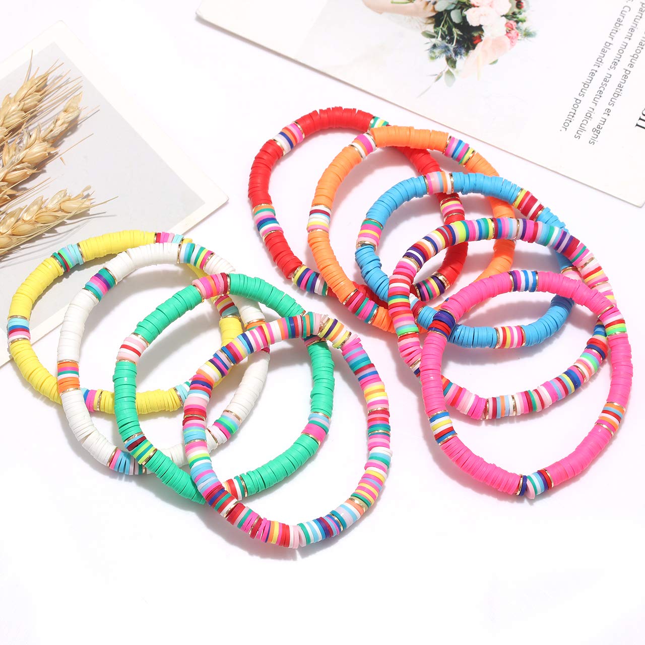 Surfer Heishi Bracelets for Women - Stackable Rainbow Vinyl Disc Clay Beaded Stretch Bracelets - Elastic Layering Friendship Jewelry - Boho Summer Beach Accessories - Perfect for Surfing, Music Festivals, and Vacation Outfits