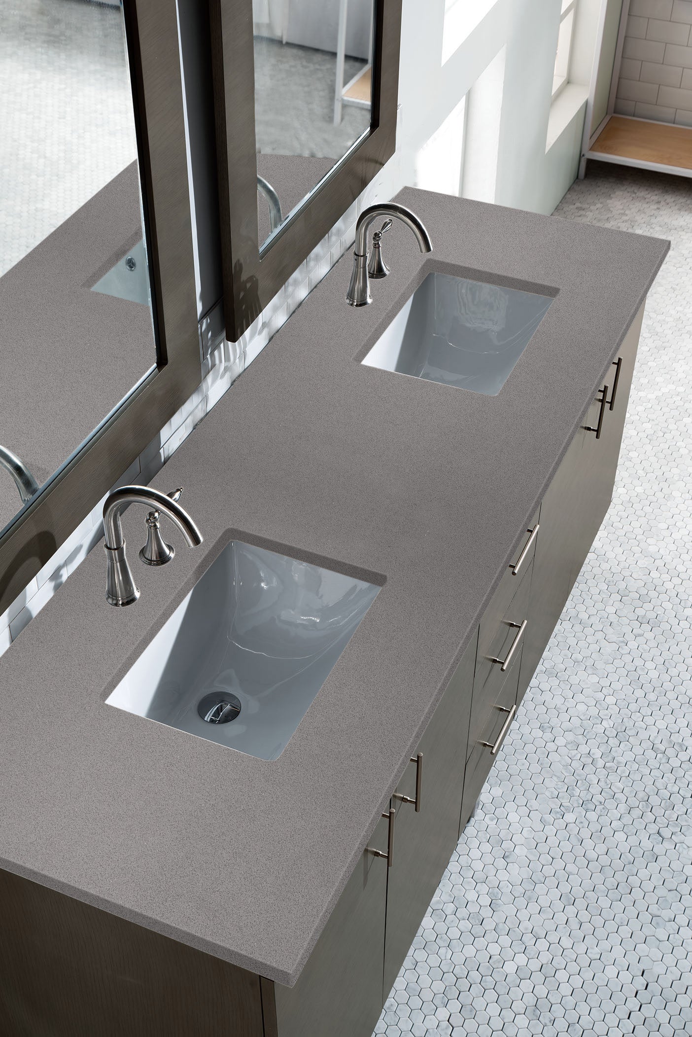 Metropolitan 72 Inch Double Bathroom Vanity with Silver Oak Finish & 3CM Grey Expo Quartz Countertop - Perfect for Master Bathroom Renovation and Modern Home Decor