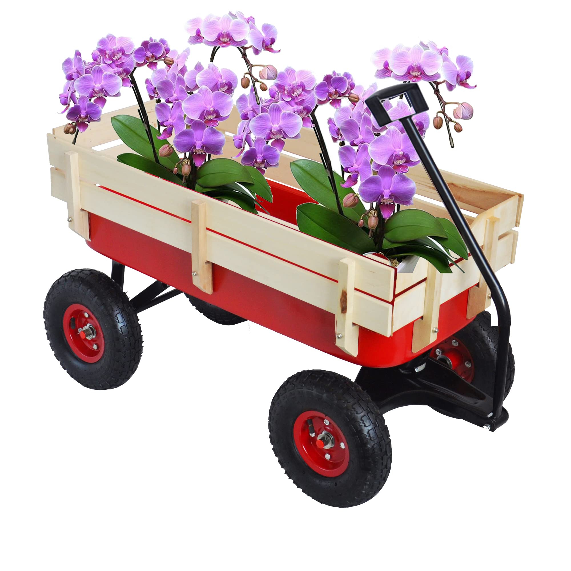 All-Terrain Outdoor Wagon with Wooden Railings & Air-Filled Tires - Heavy Duty Collapsible Garden Cart for Kids, Beach, Camping & Yard Work (Red)