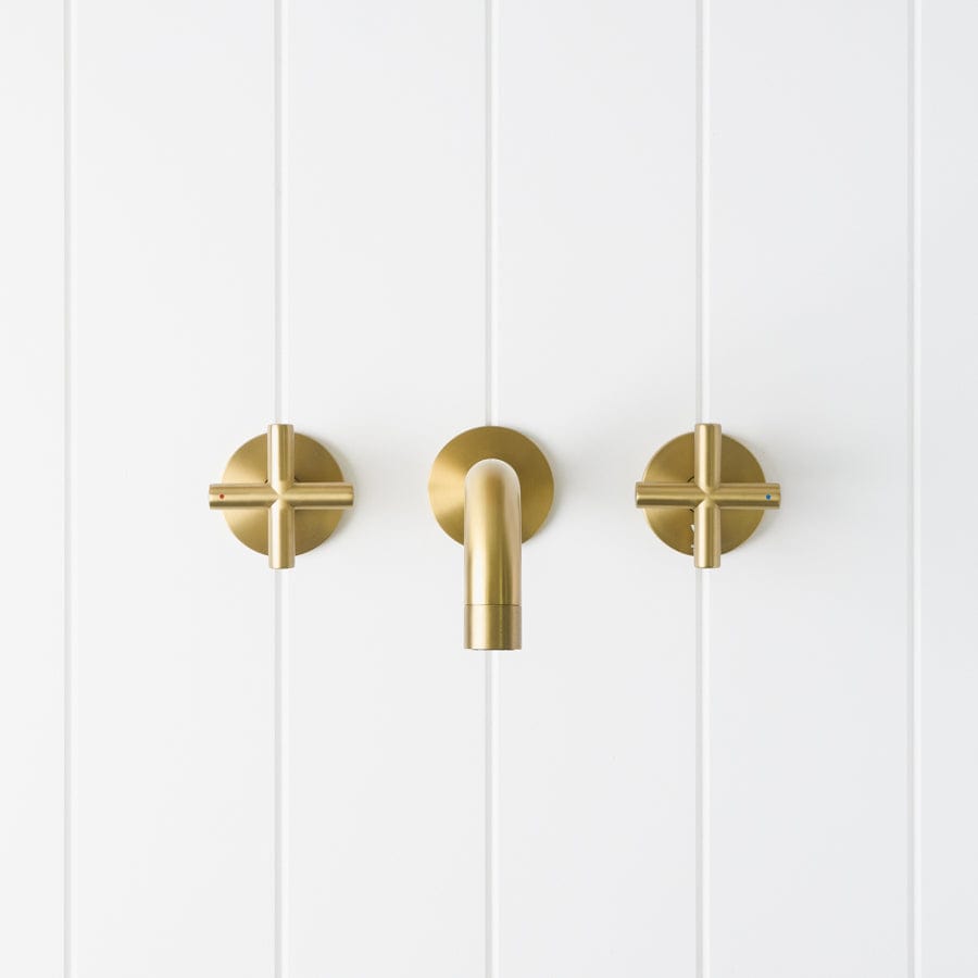 Sydney Wall Spout with Cross Taps in Brushed Brass - Modern Bathroom Faucet for Sink and Vanity, Perfect for Home and Hotel Renovations