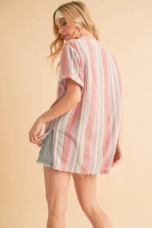 Trendy Pink Striped Short Sleeve Blouse with Side Slit - Perfect for Casual Outings, Office Wear & Summer Fashion