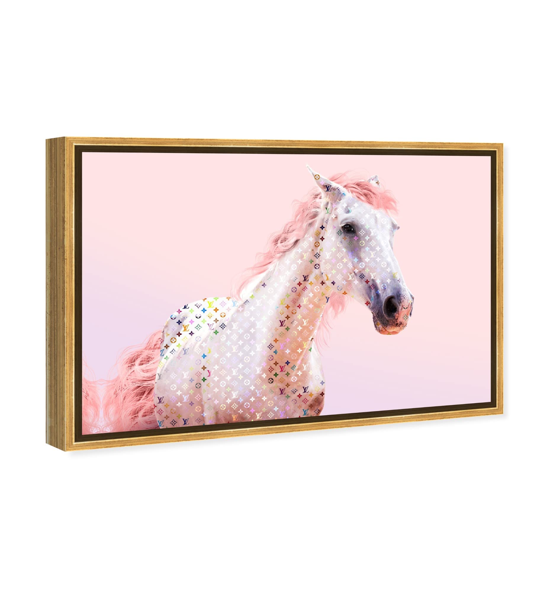 Oliver Gal Pink Glam Horse Country Farmhouse Canvas Print - 24x16 Inch Gold Framed Wall Art Painting, Rustic Home Decor for Living Room, Bedroom & Office