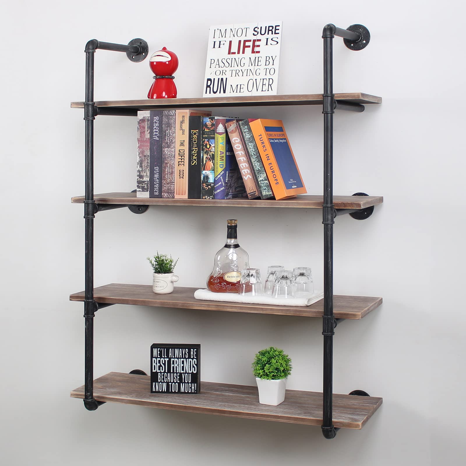 48in Industrial Pipe Shelving Wall Mounted - Rustic Metal Floating Shelves for Farmhouse Kitchen, Bar, Living Room & Office (4 Tier Storage Shelf) - Perfect for Displaying Decor, Books & Organizing Spaces