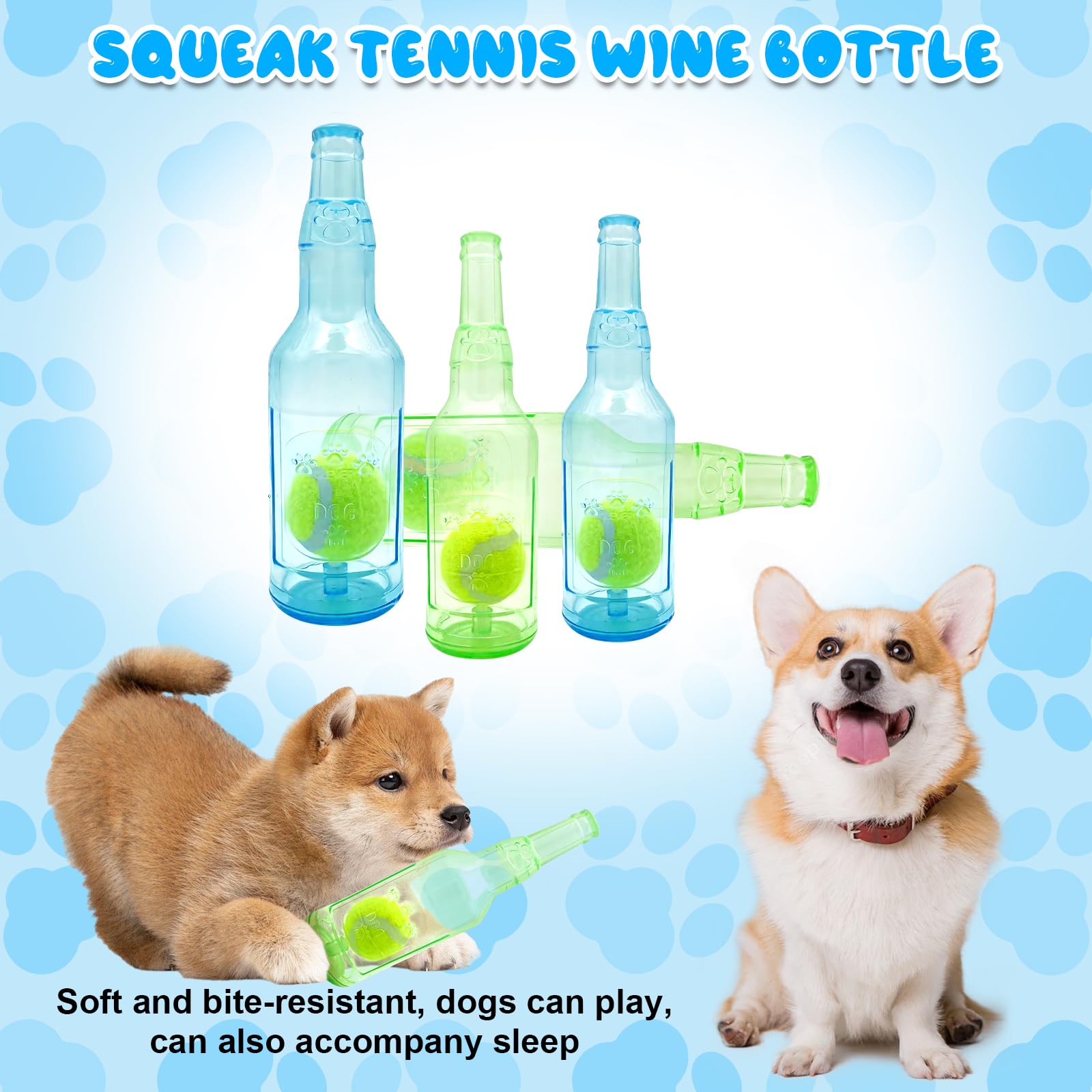 Aerbee 2Pcs Squeaky Rubber Water Bottle Dog Toys with Tennis Ball - Interactive Chew Toys for Dental Health, Outdoor Play, and Training (Blue & Green) for Active Dogs