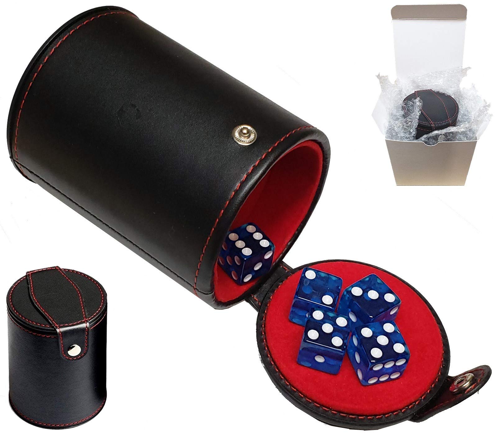 Premium Black PU Leather Dice Cup Set with Red Felt Lining & 5 Transparent 16mm Dice - Gift Boxed (Blue) - Perfect for Board Games, Casino Nights, and RPG Adventures