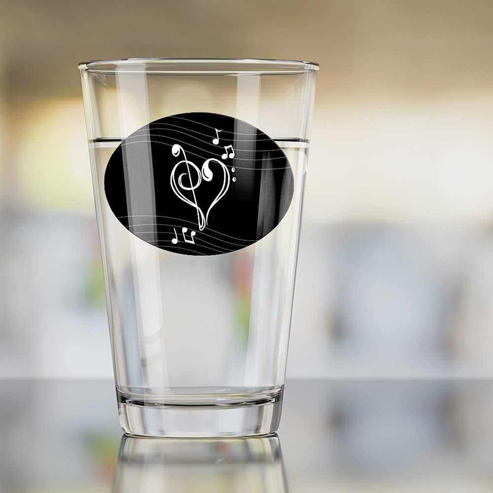 LOGOVISION Treble Bass Clef Heart Music Black 16 oz Pint Glass - Tempered Glass with Printed Design - Perfect Gift for Music Fans - Ideal for Cold Beverages, Soda, Water, Beer & Cocktails at Concerts, Parties & Home Bars