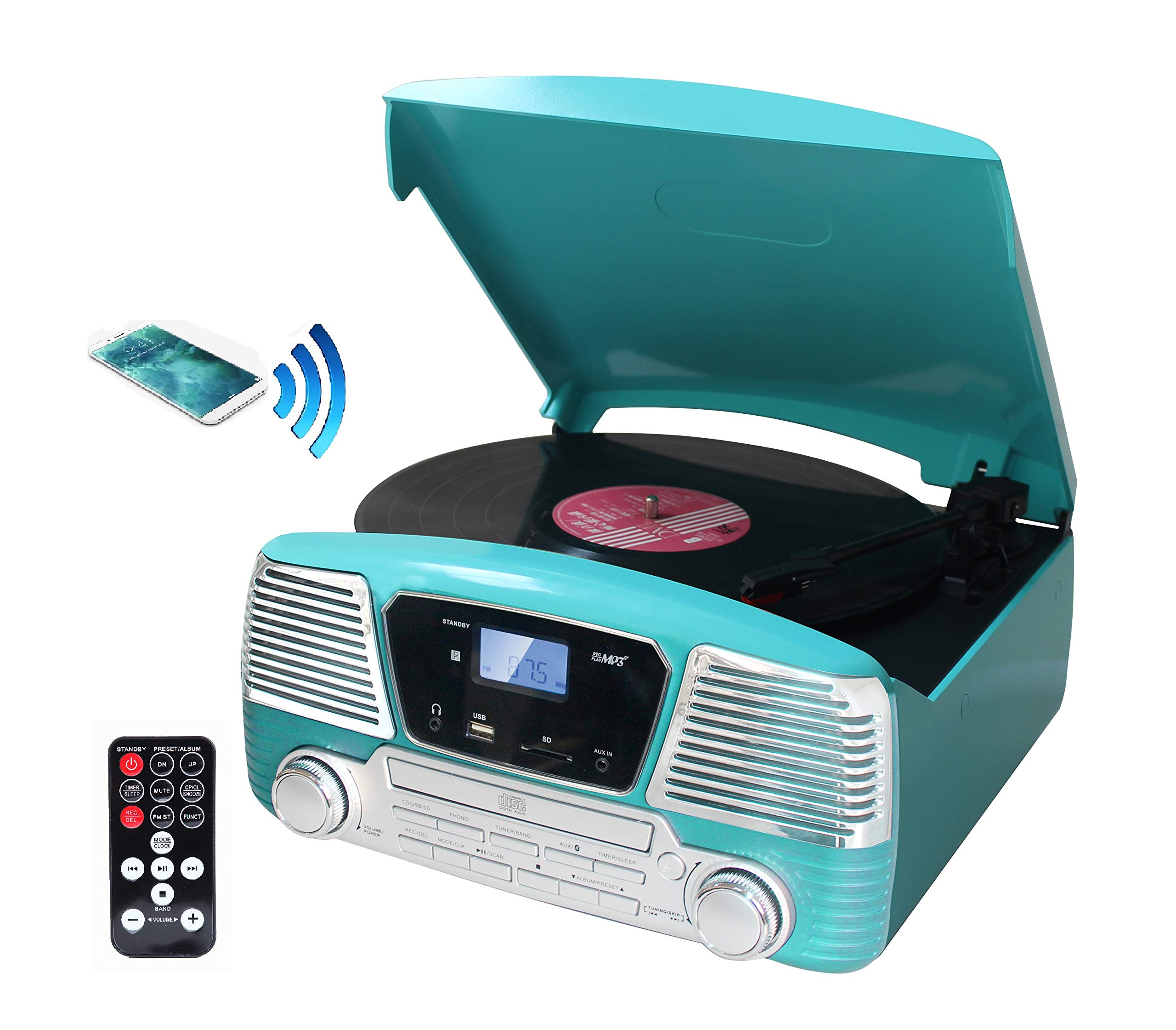 TechPlay ODC35BT Bluetooth Turntable - 3-Speed Programmable MP3 CD Player with USB/SD Ports, FM Radio & Remote Control | Perfect for Vinyl Lovers, Home Entertainment & Music Enthusiasts