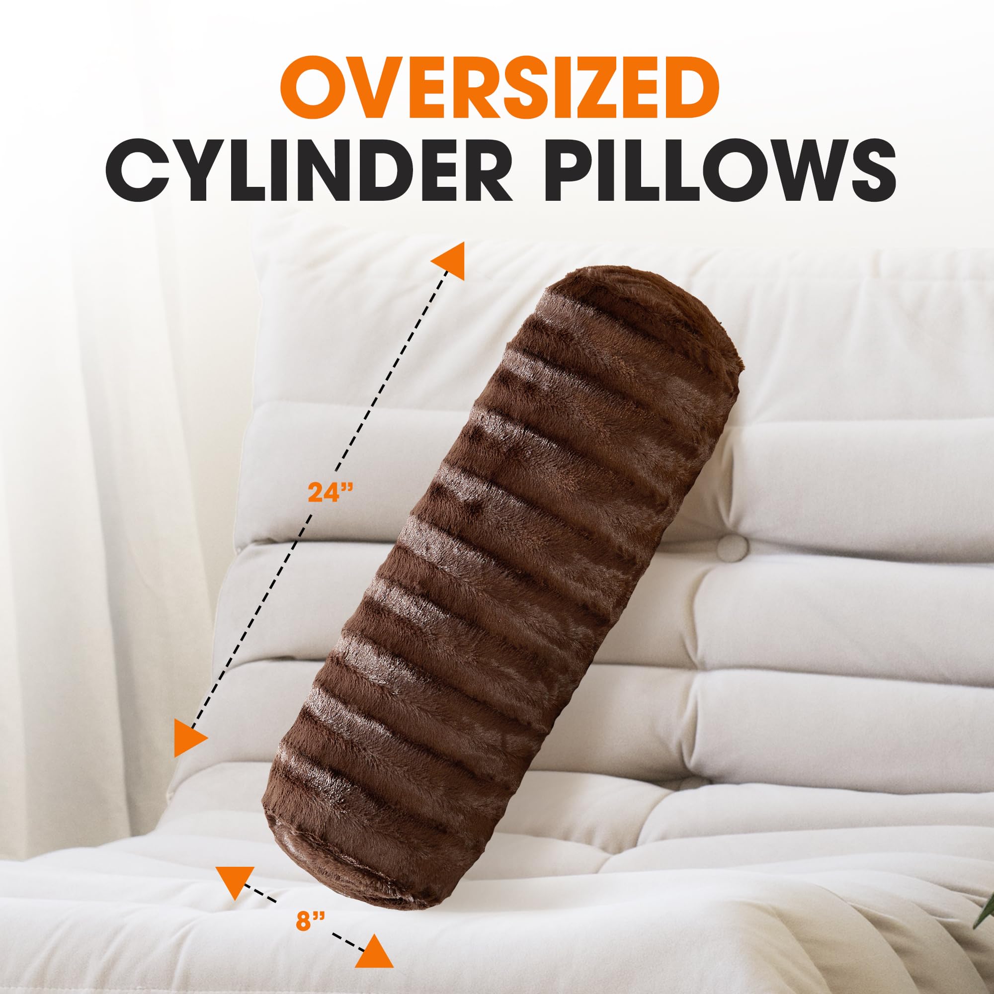 Cheer Collection Faux Fur Cylinder Pillows - 8” x 24” Decorative Bolster Pillows for Bed & Couch, Machine Washable (2pk, Choco) - Perfect for Living Room Sofa, Bedroom Decor & Home Accent