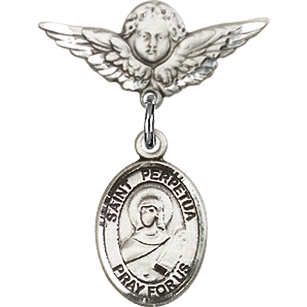 Sterling Silver Baby Badge with St. Perpetua Charm & Angel Wing Pin - 7/8