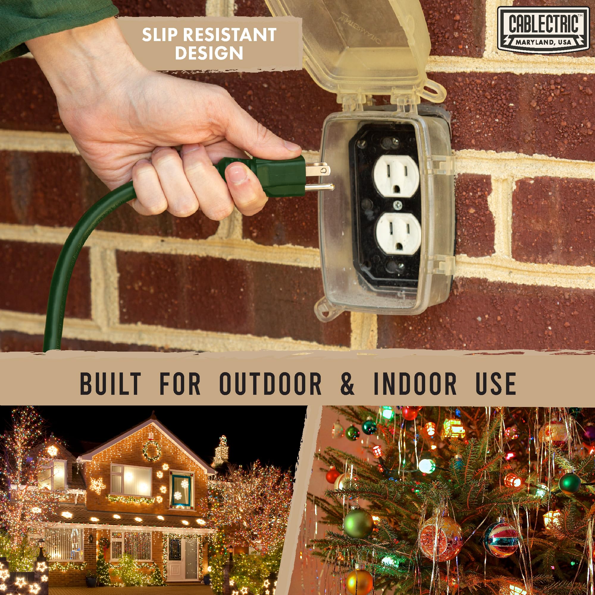 10 ft Outdoor Extension Cord with 3 Outlets - 16/3 SJTW Weatherproof Heavy Duty Power Cable - 13 Amp, 3 Prong, Green - Perfect for Outdoor Use, Landscaping, Holiday Lights & Power Tools