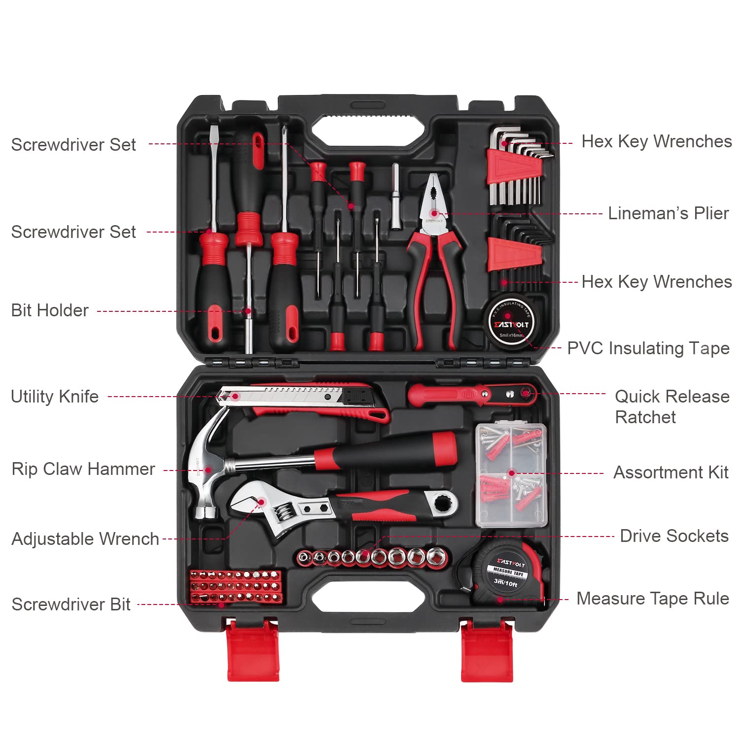 Eastvolt 128-Piece Home Repair Tool Kit with Storage Toolbox - Complete Hand Tool Set for DIY, Home Improvement & Household Maintenance (Black & Red) - Perfect for Plumbing, Electrical Work & Furniture Assembly