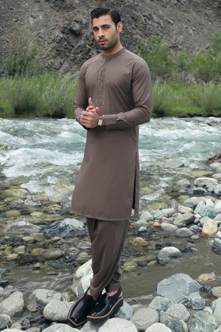 Elegant Blended Brown Shalwar Kameez by J. Junaid Jamshed - Traditional Pakistani Outfit for Weddings, Festivals & Special Occasions