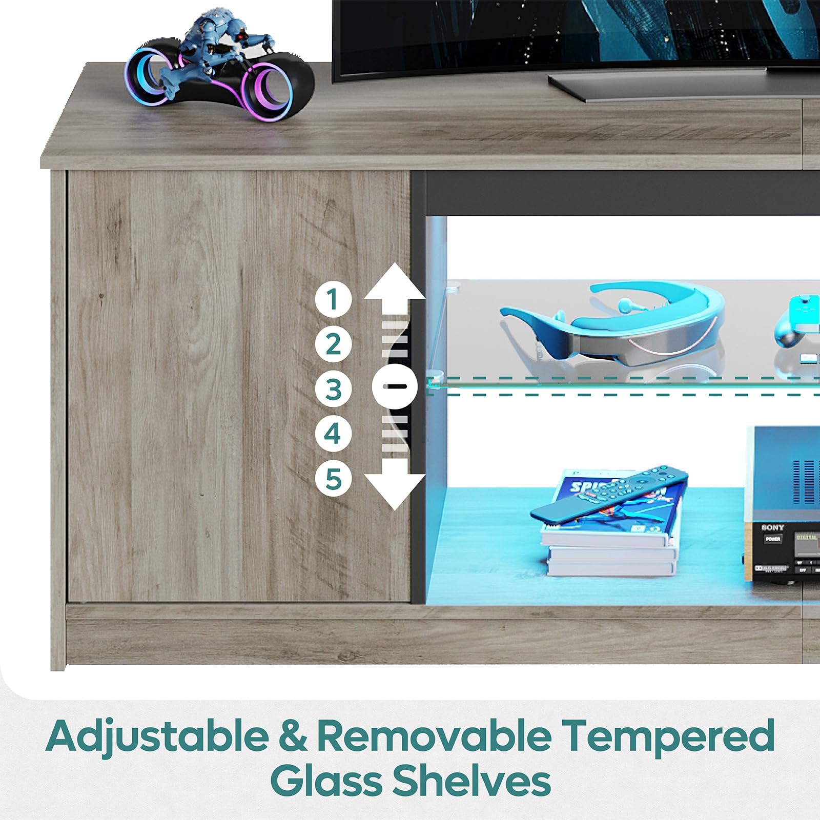 Bestier 58 Inch LED TV Stand with Power Outlets - Modern Entertainment Center for 55/60/65 Inch TVs, Gaming Console Storage Cabinet with Adjustable Glass Shelves (Grey Wash) - Perfect for Living Room, Home Theater & PS5 Setup