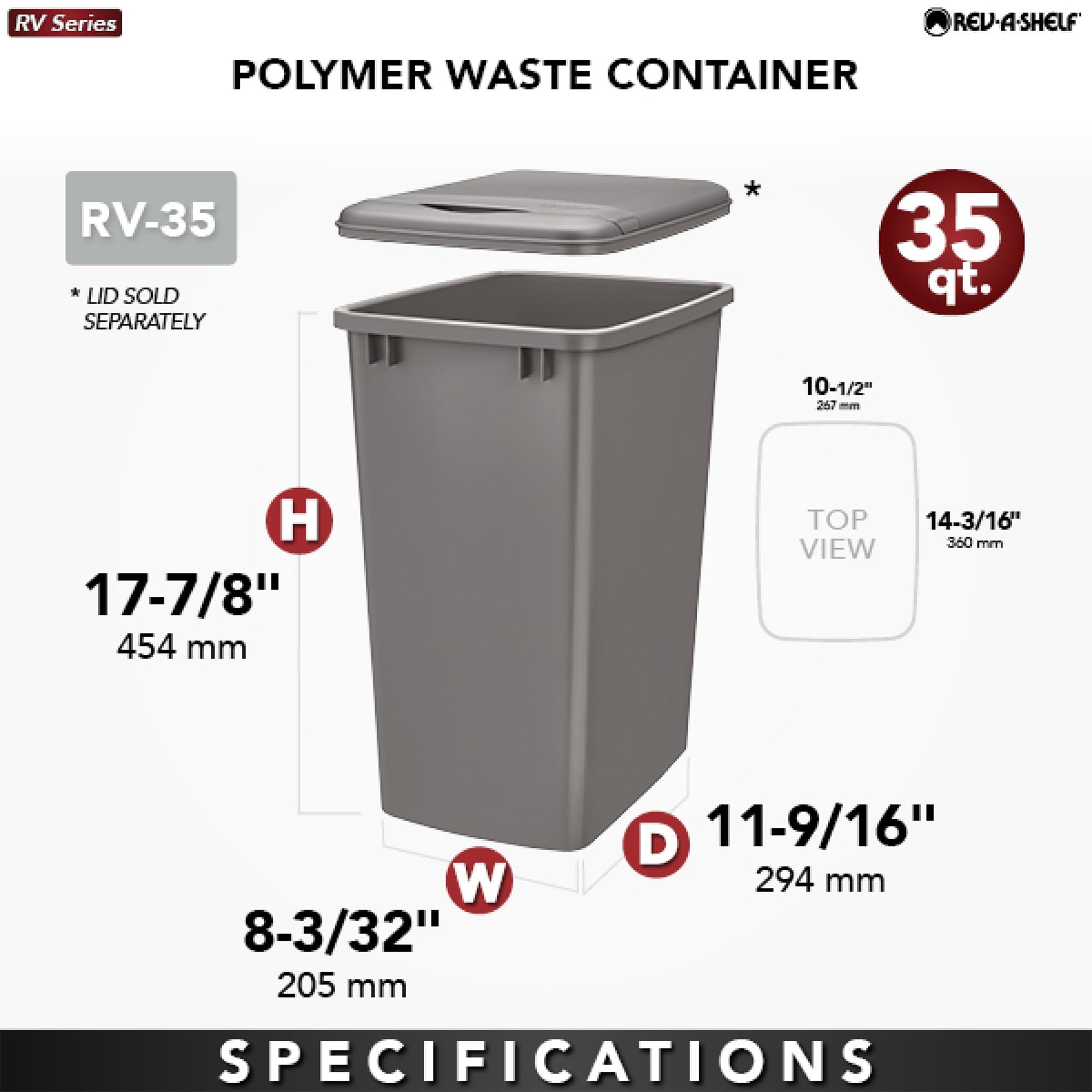 Rev-A-Shelf 35 Qt Under Sink Trash Can - Silver Kitchen & Bathroom Cabinet Garbage Bin, Plastic Waste Container for Laundry Room & RV Storage | Perfect for Small Spaces & Clutter-Free Organization