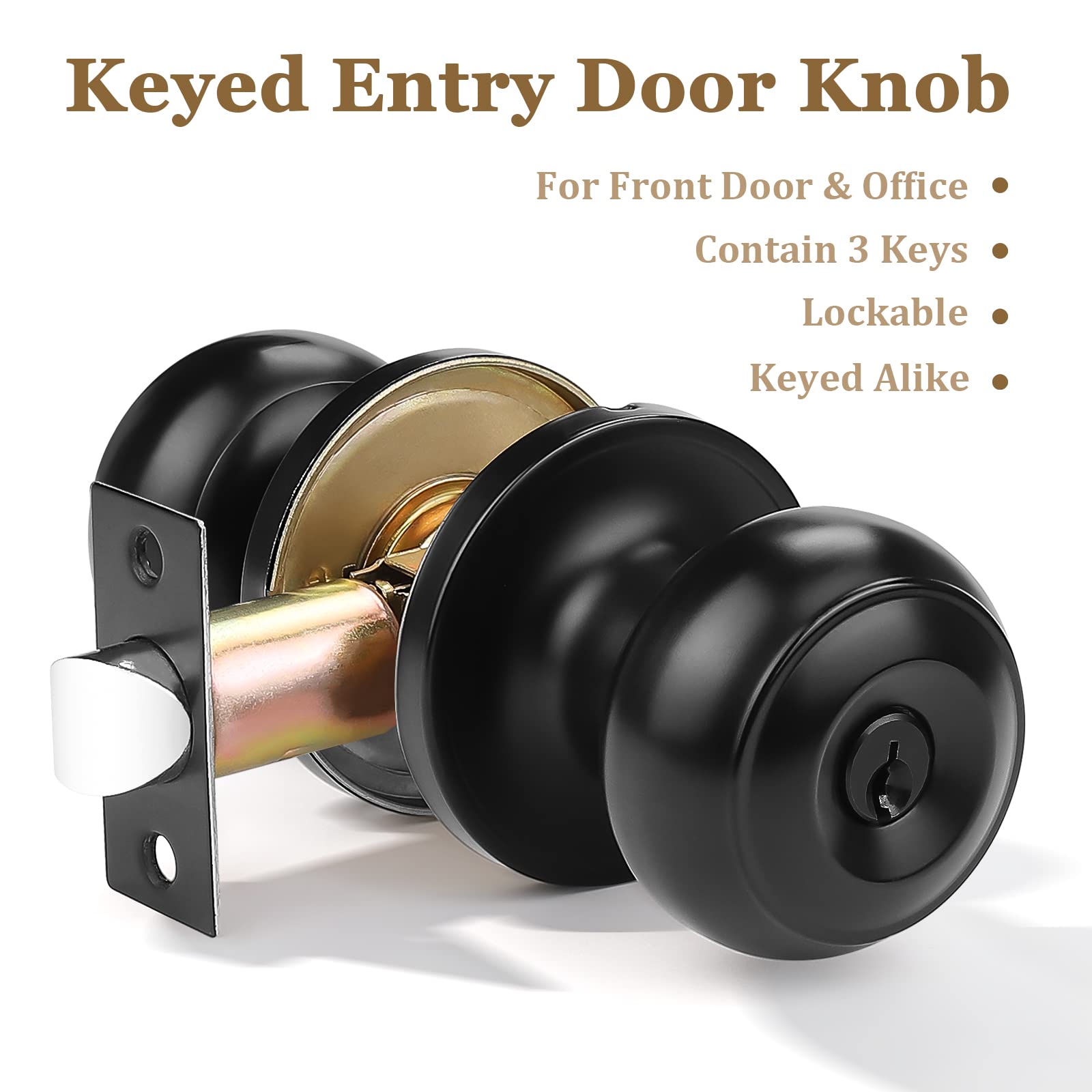 Probrico 2 Pack Black Entry Door Knobs with Key - Keyed Alike Exterior Door Handle Locksets - Secure Entrance Lock with Same Keys for Home, Office & Apartment Security