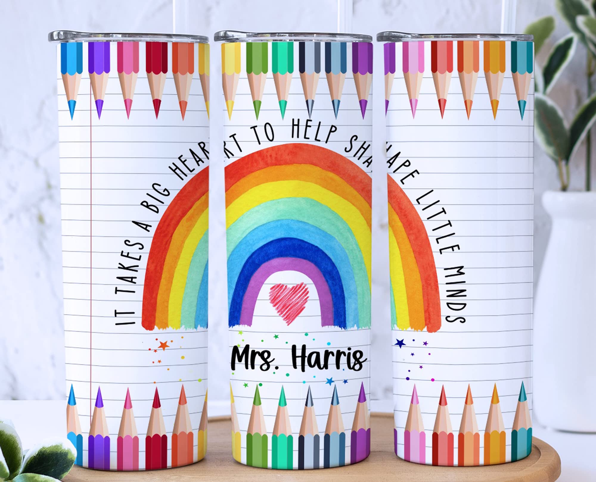 AVITO Personalized 20 oz Teacher Tumbler with Lid - Custom Teacher Gift, Rainbow Design, Pencil Print - Perfect for Teacher Appreciation Week, Classroom Use & Daily Hydration