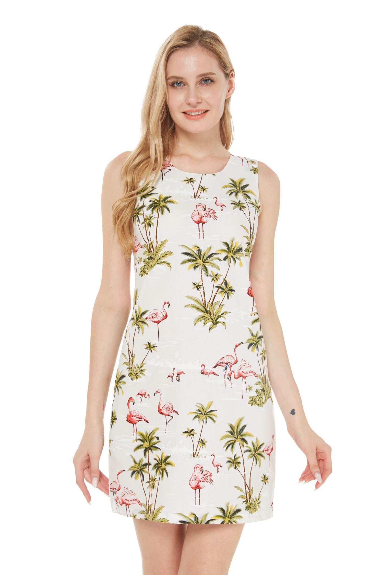 Hawaii Couple Matching Luau Aloha Shirt & Tank Dress Set - Pink Flamingo Print on Turquoise Fabric | Beach Vacation, Summer Party, Hawaiian Theme Outfits