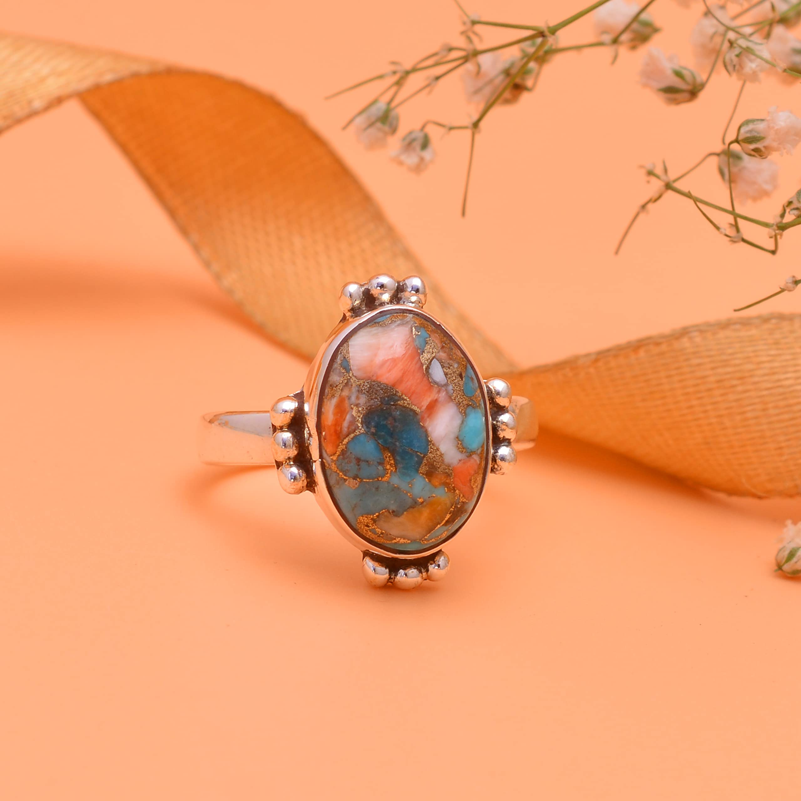 Veracity Jewelry 925 Sterling Silver Oyster Copper Turquoise Rings for Women - Kingman Mojave Mohave Spiny Oyster Healing Meditation Jewelry - Multi-Color Turquoise Ring (VSR-520) - Perfect for Boho Fashion, Spiritual Healing & Everyday Wear