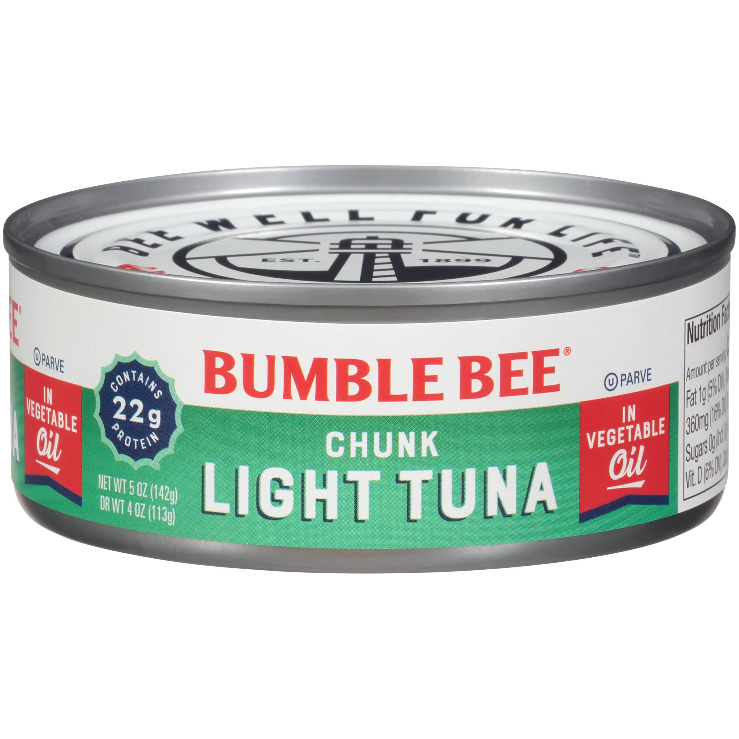 Bumble Bee Chunk Light Tuna in Oil, 5 oz Cans (Pack of 24) - Wild Caught Skipjack Tuna - High Protein 22g per Serving - MSC Certified Sustainable Seafood - Non-GMO, Gluten Free, Kosher - Perfect for Salads, Sandwiches & Quick Meals