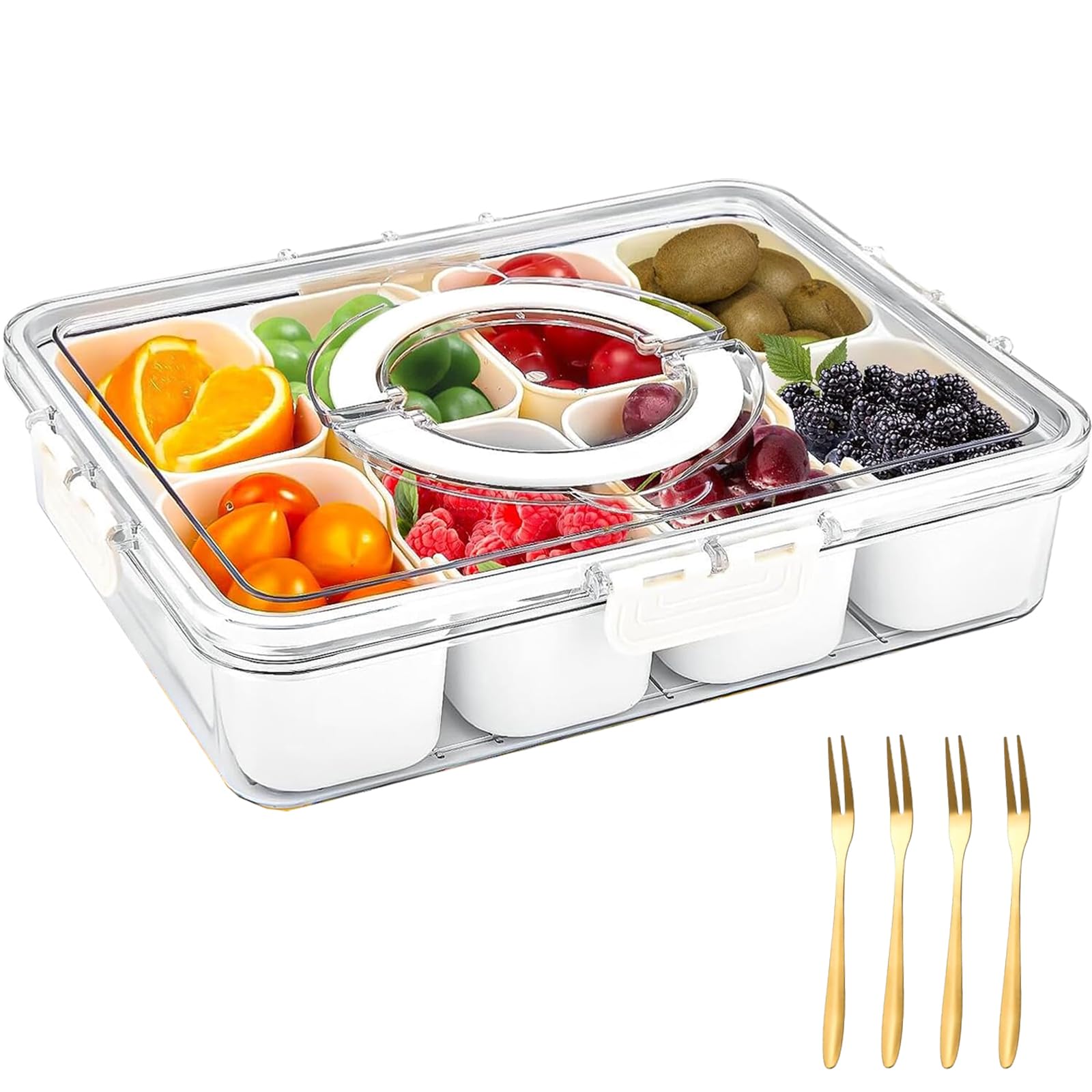 8-Compartment Divided Serving Tray with Lid & Handle - Clear Portable Snackle Box for Travel, Picnics & Parties - Perfect for Snacks, Fruits, Vegetables, Candy & Spices - BPA-Free Food Storage Container