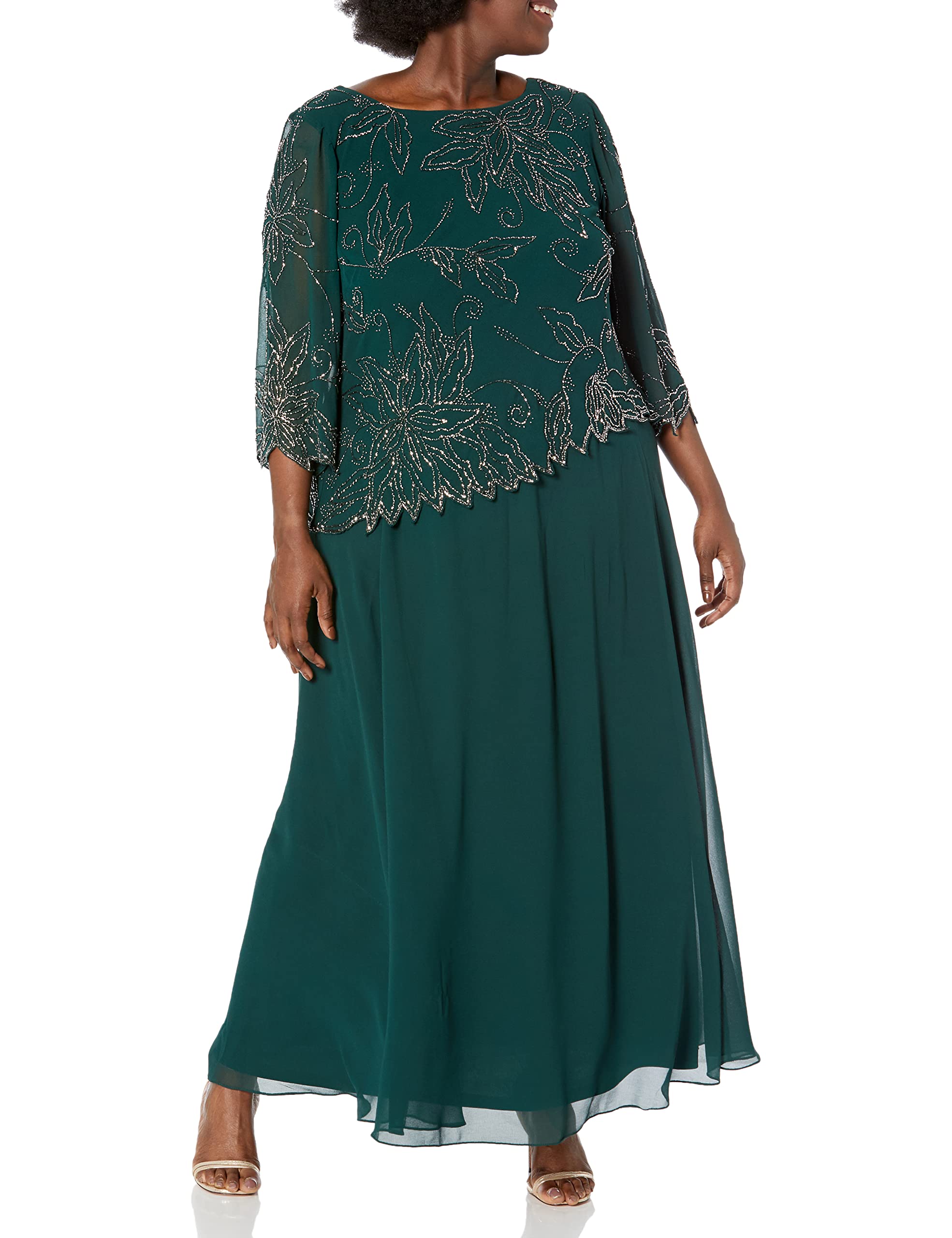 J Kara Women's Plus Size Sheer Sleeve Floral Beaded Long Dress for Evening Party, Wedding Guest & Special Occasions