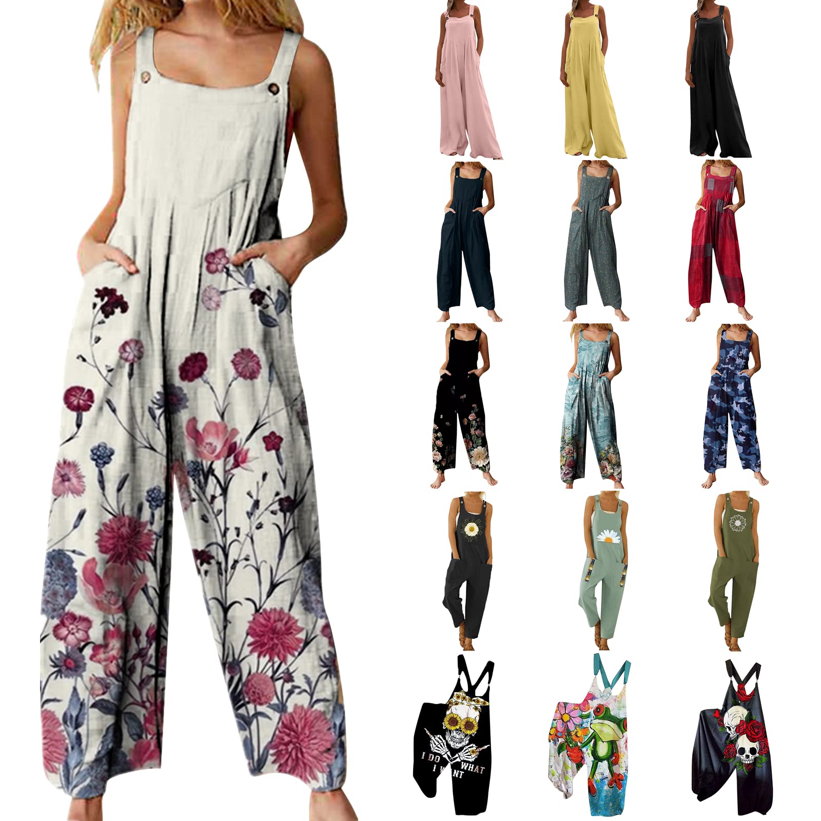 Women's Linen Jumpsuit - Summer Fashion Printed Sleeveless Romper with Wide Leg & Suspenders | Casual Outfit for Beach, Vacation & Everyday Wear