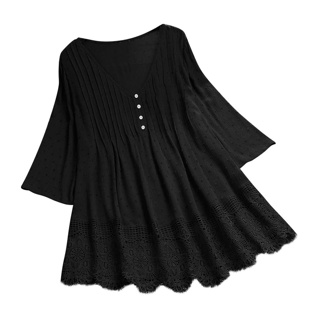 Vintage Lace V-Neck Ruffled Blouse - Women's Plus Size Quarter Sleeve T-Shirt | Casual & Formal Wear for Office, Date Night & Special Occasions