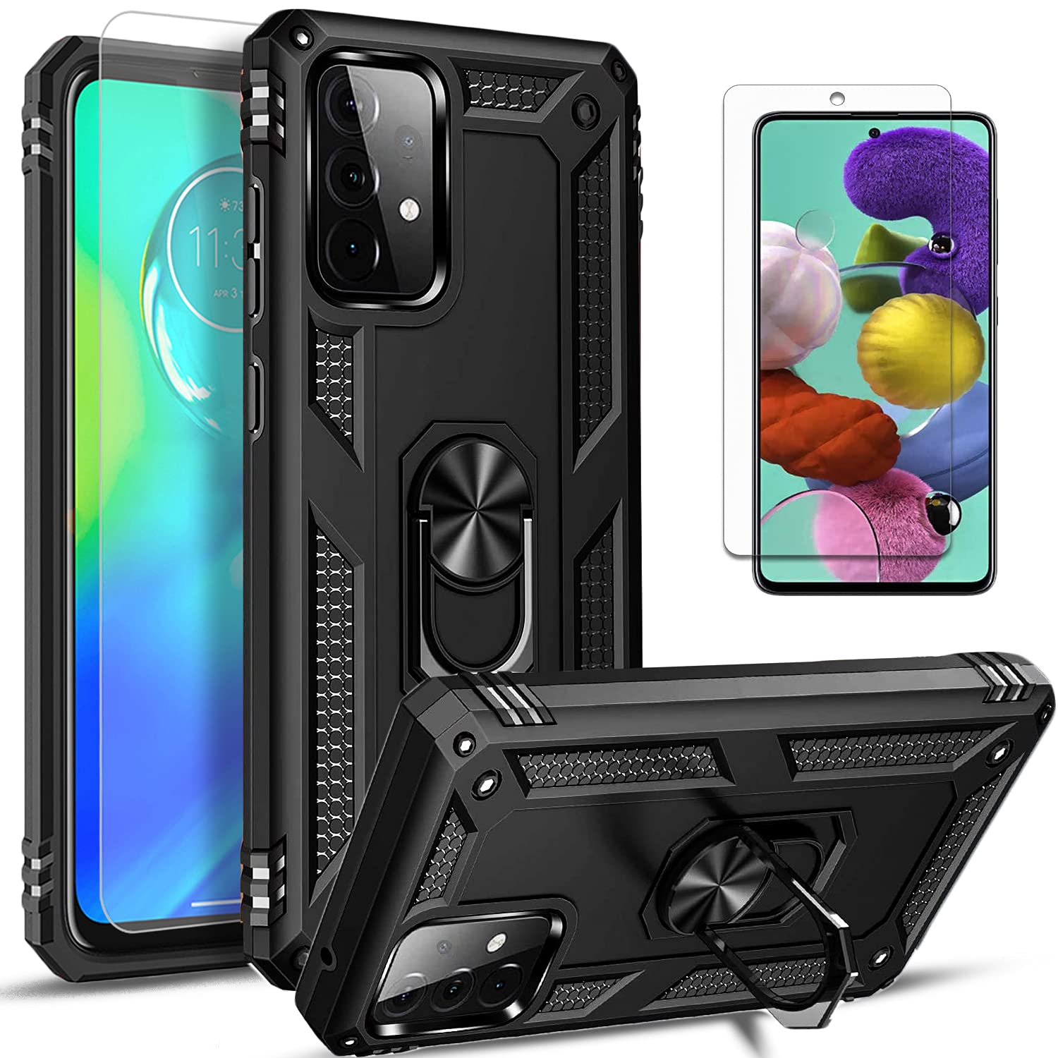 Samsung Galaxy A52 5G Case with Tempered Glass Screen Protector - Military Grade Shockproof Phone Cover with Rotating Ring Kickstand - Black | Perfect for Outdoor Activities, Travel & Daily Protection